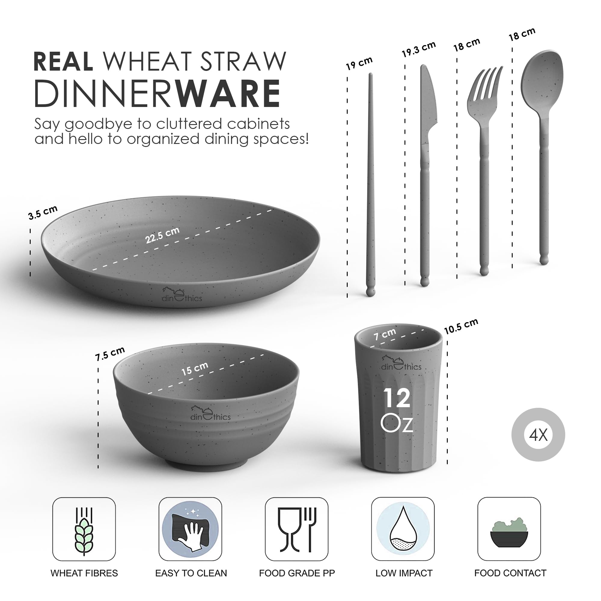 Dinethics Wheatstraw Dinnerware Set For 4 - Dishwasher Microwave Plates For Heating Food - Unbreakable Wheat Straw Plates And Bo