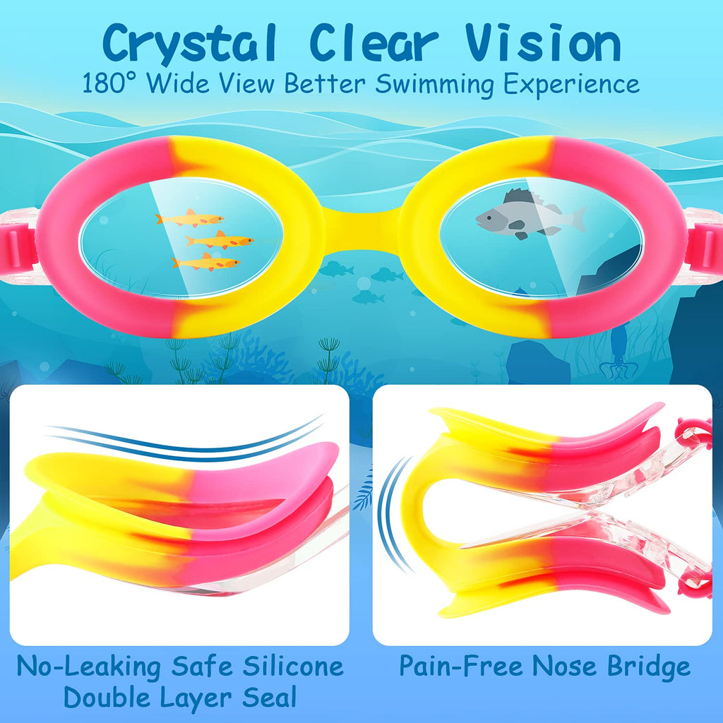 Cooloo Kids Goggles For Swimming For Age 3-15, 2 Pack Kids Swim Goggles With Nose Cover, No Leaking, Anti-Fog, Waterproof, Pink+