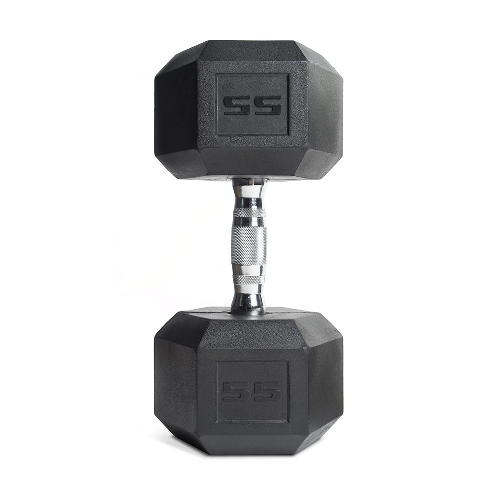 CAP Barbell 55 LB Rubber Coated Hex Dumbbell Hand Weight - Single | Chrome Handle