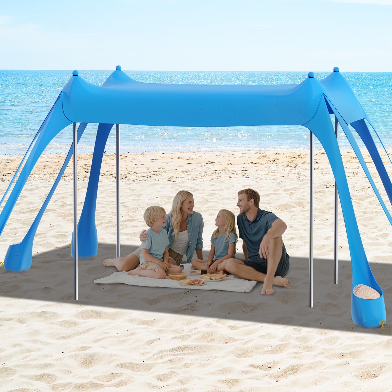 FAHKNS Beach Tent, Camping Sun Shade UPF50+ with 8 Sandbags, Sand Shovel, Ground Spikes and Stabilizer Poles, 10x10ft Beach Suns