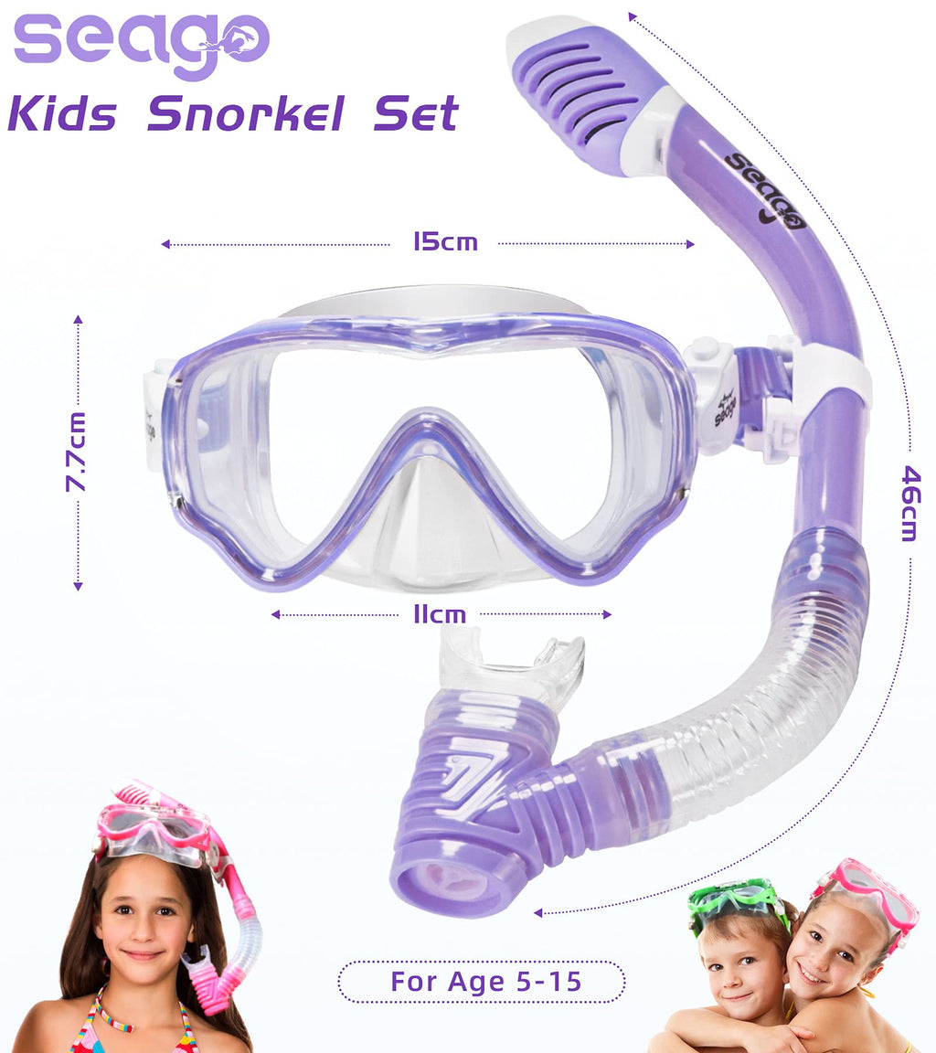 Seago Kids Snorkel Set Dry Top Snorkel Mask Snorkeling Gear For Kids Boys Girls Youth, No Leak Comfy Mouthpiece Anti-Fog 180? Pa