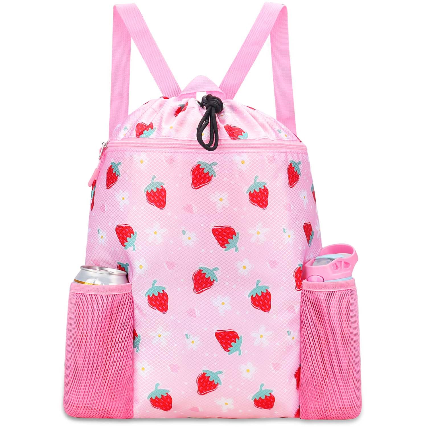 RHCPFOVR Strawberry Swim Bags for Kids - Drawstring Backpack for Girls Beach Swimming Pool Lightweight Draw String Bags Waterpro