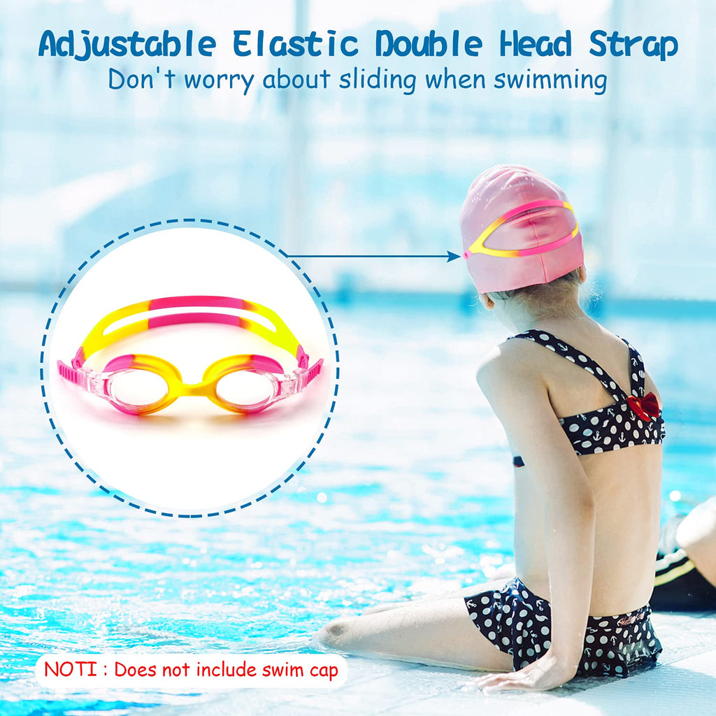 Cooloo Kids Goggles For Swimming For Age 3-15, 2 Pack Kids Swim Goggles With Nose Cover, No Leaking, Anti-Fog, Waterproof, Pink+
