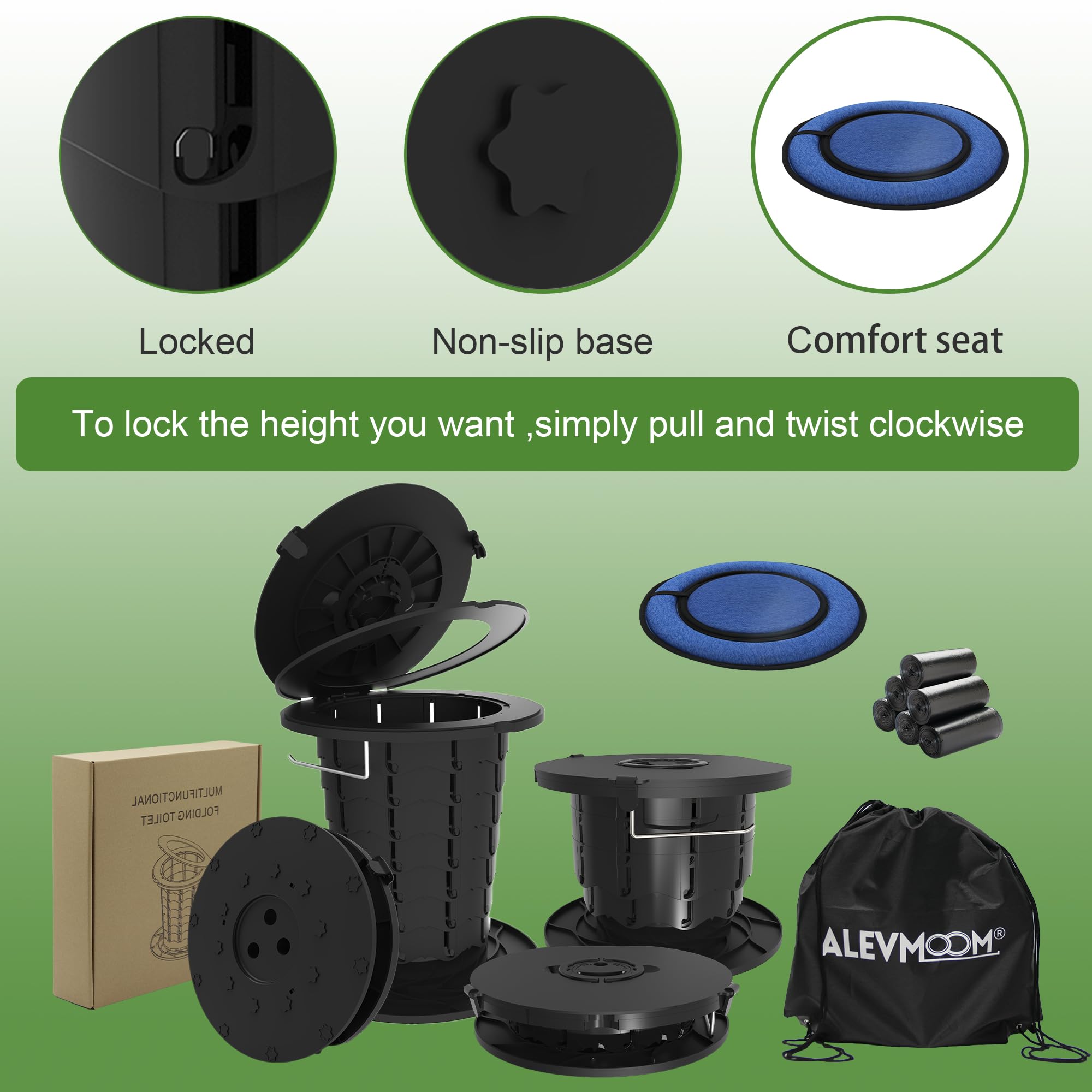 Alevmoom Retractable Portable Toilet With Cushion - 330Lbs Capacity 13.7 Height Adjustable Camping Toilet Foldable Travel Toilet