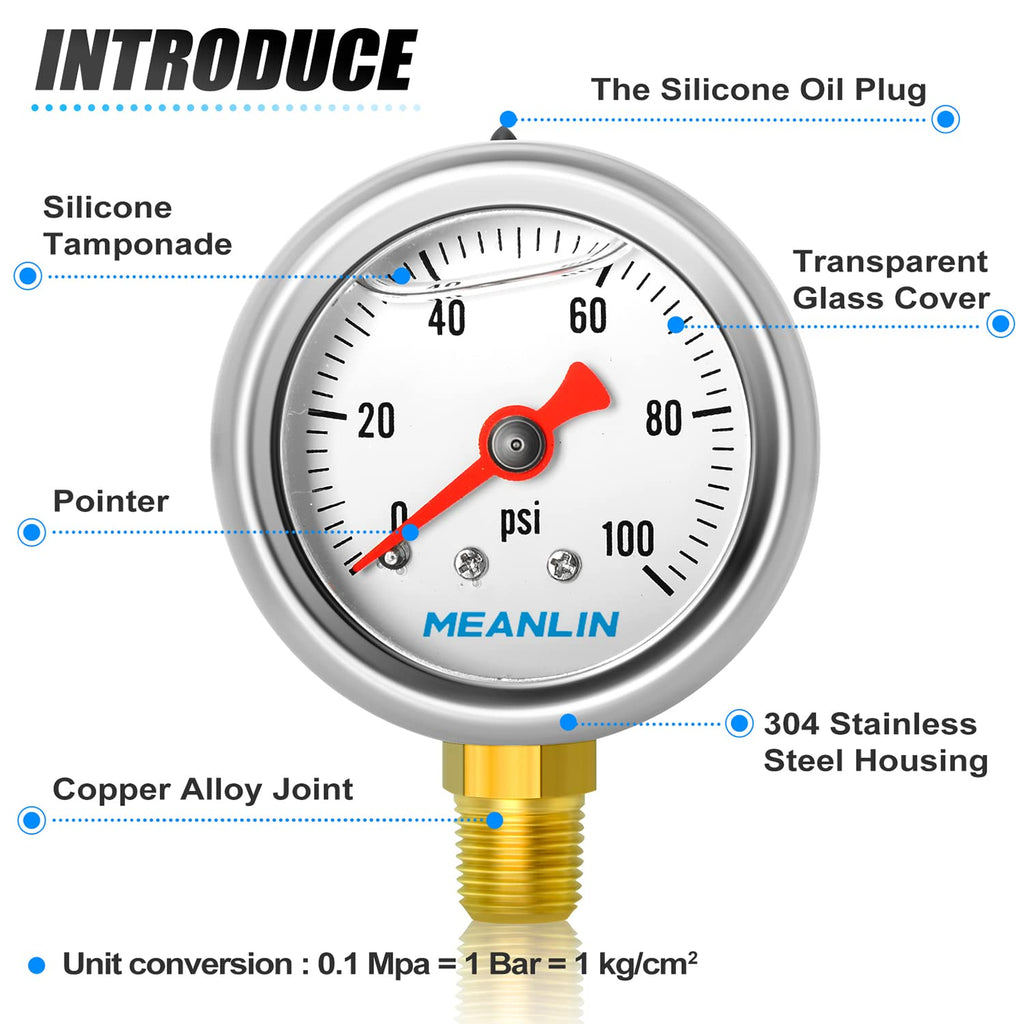 Meanlin Measure 0100Psi Stainless Steel 18 Npt 15 Face Dial, Glycerin Filled Fuel Pressure Gauge, Liquid Filled Pressure Gauge W