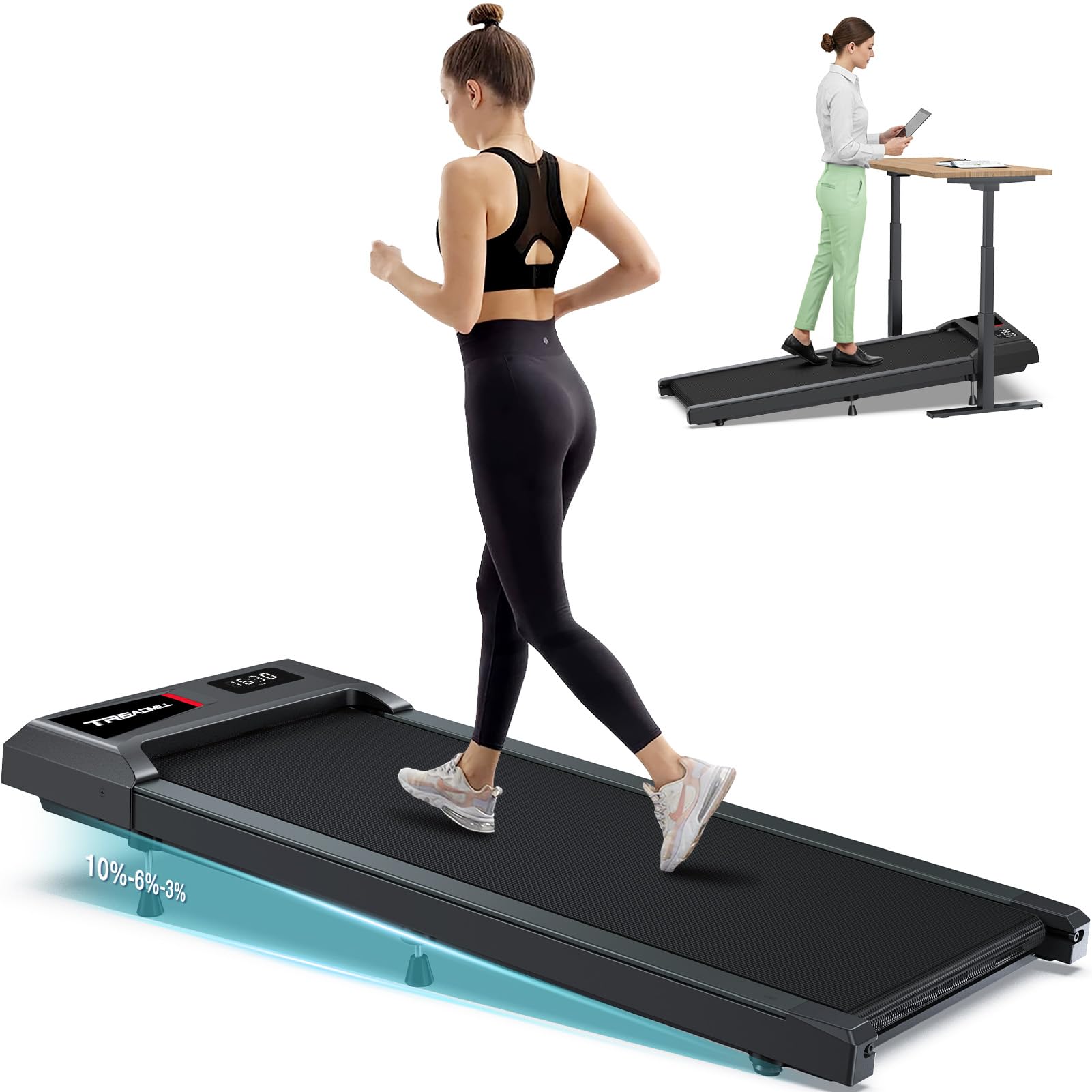 Cozyinn Under Desk Walking Pad Treadmill With 10% Incline, Quiet Portable Walking Pad For Home Office Small Space, 265Lb Capacit