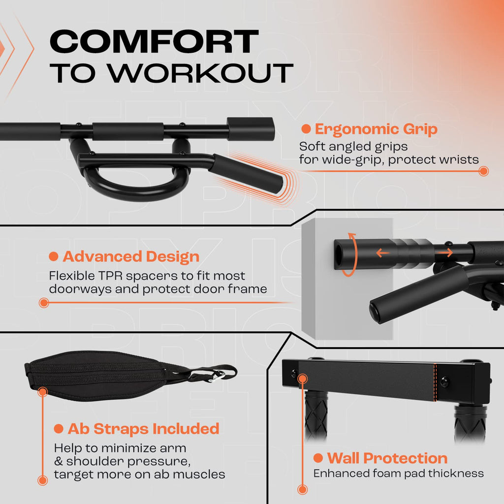 Yes4All Pull Up Bar For Doorway & Ab Straps, Solid 1 Piece Main Bar Construction, Multi Grips Pullup Bar For Home Gym Workout, N