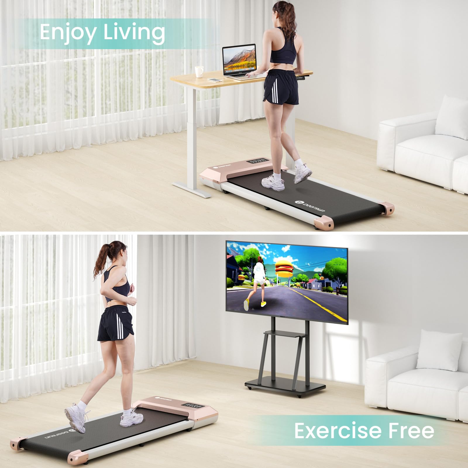 Deerrun Walking Pad, 2025 Smart Under Desk Treadmill, Treadmills For Home/Office, 2 In 1 Walk Pad Treadmill With Led Dispaly & R