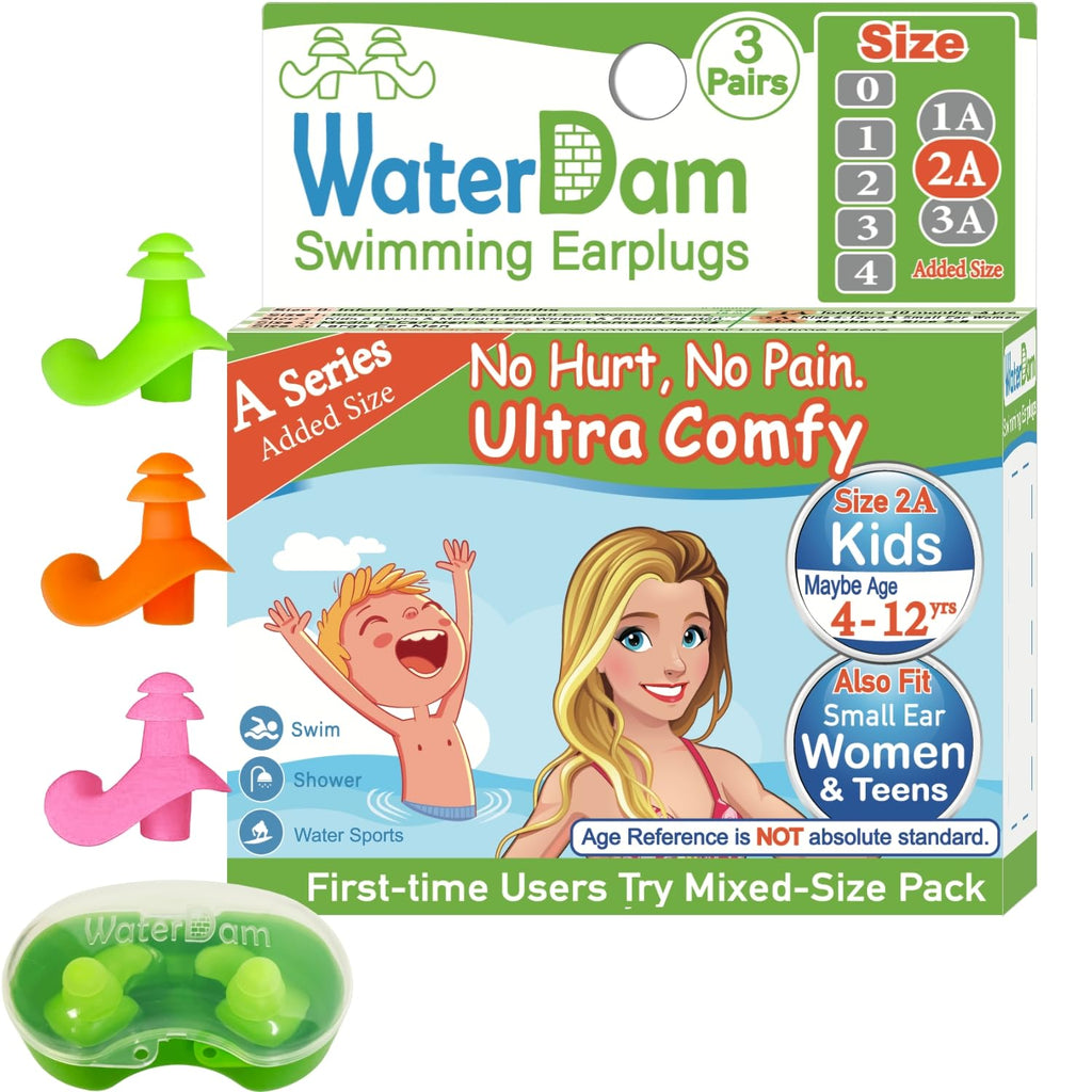 Waterdam A-Series Swimming Ear Plugs Ultra Comfy Great Waterproof Earplugs (Size 2A+2A+2A: Kids Teens Small&Medium Ear Women (Gr