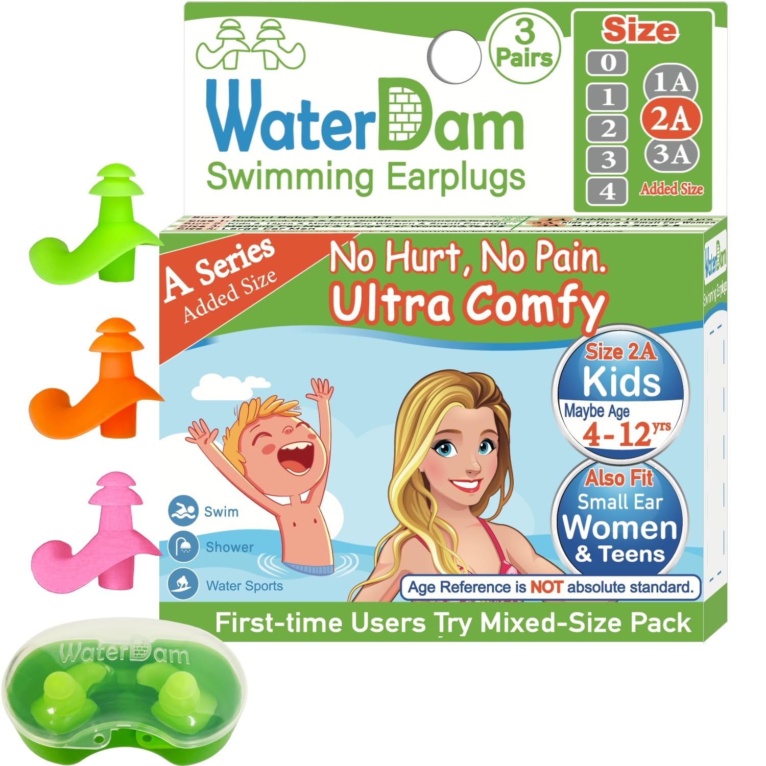 Waterdam A-Series Swimming Ear Plugs Ultra Comfy Great Waterproof Earplugs (Size 2A+2A+2A: Kids Teens Small&Medium Ear Women (Gr