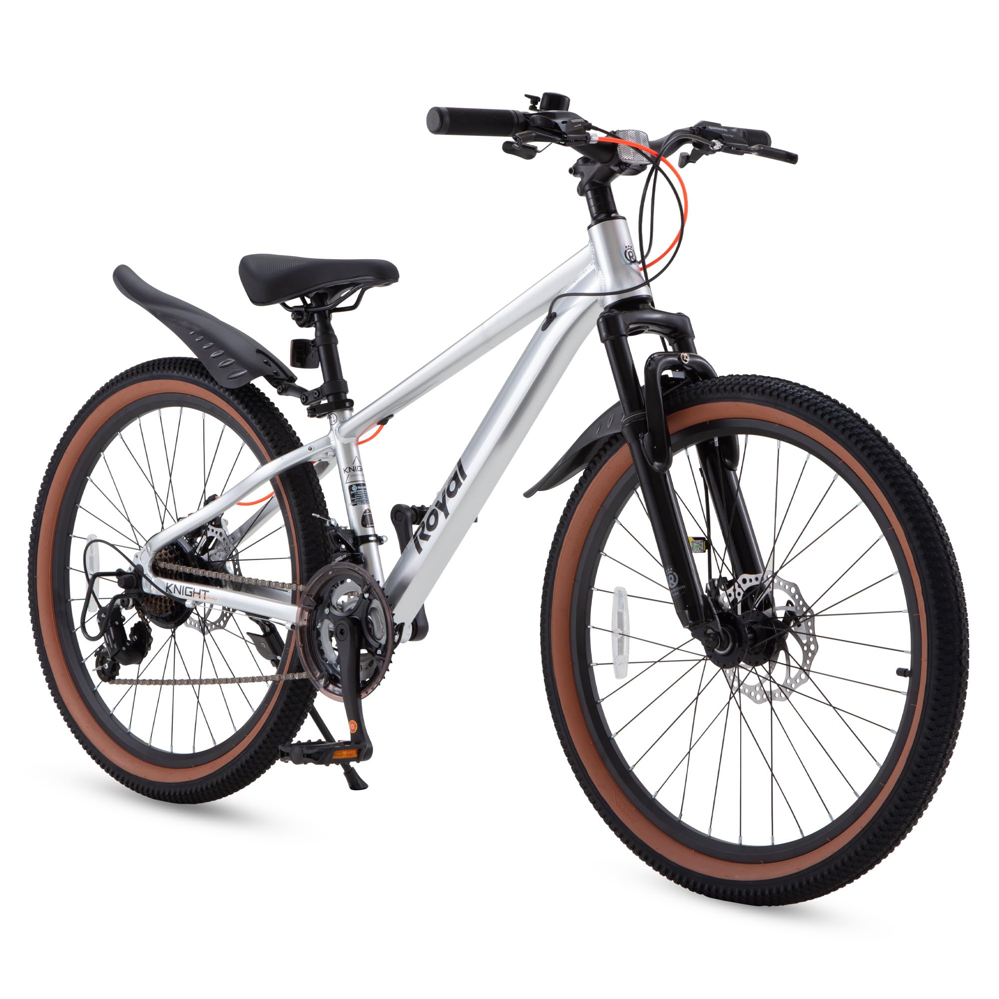 RoyalBaby Kids Mountain Bike 24 for Boys & Girls Ages 10-14 Year Old- Lightweight Aluminum, 21-Speed, Suspension Fork - Silver