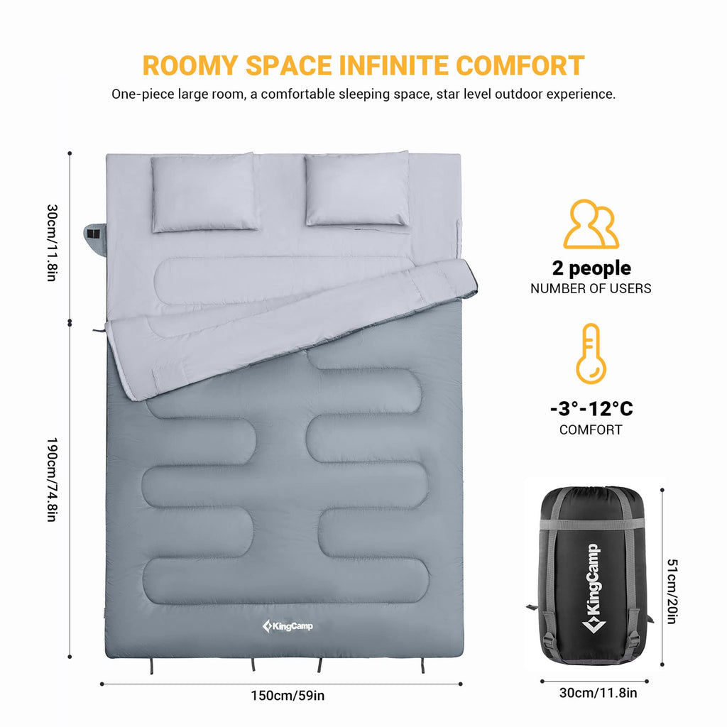 Kingcamp 87 X 59 Inch 2 Person Waterproof Cold Weather Family Warm Sleeping Bag For Adults With 2 Pillows For Winter Camping And