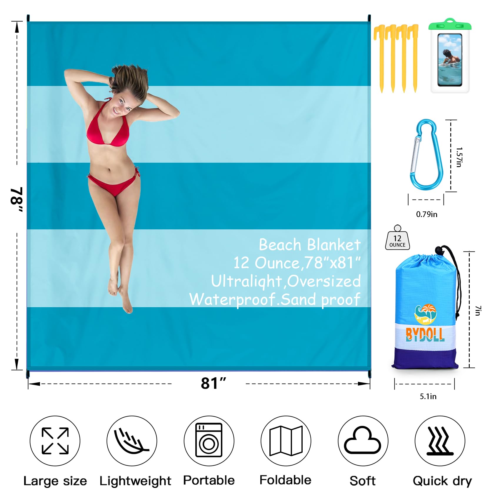 Bydoll Beach Blanket 78''X81'' Waterproof Sandproof Suits1-4 Adults Oversized Lightweight Large Blanket Picnic Mat For Beach San