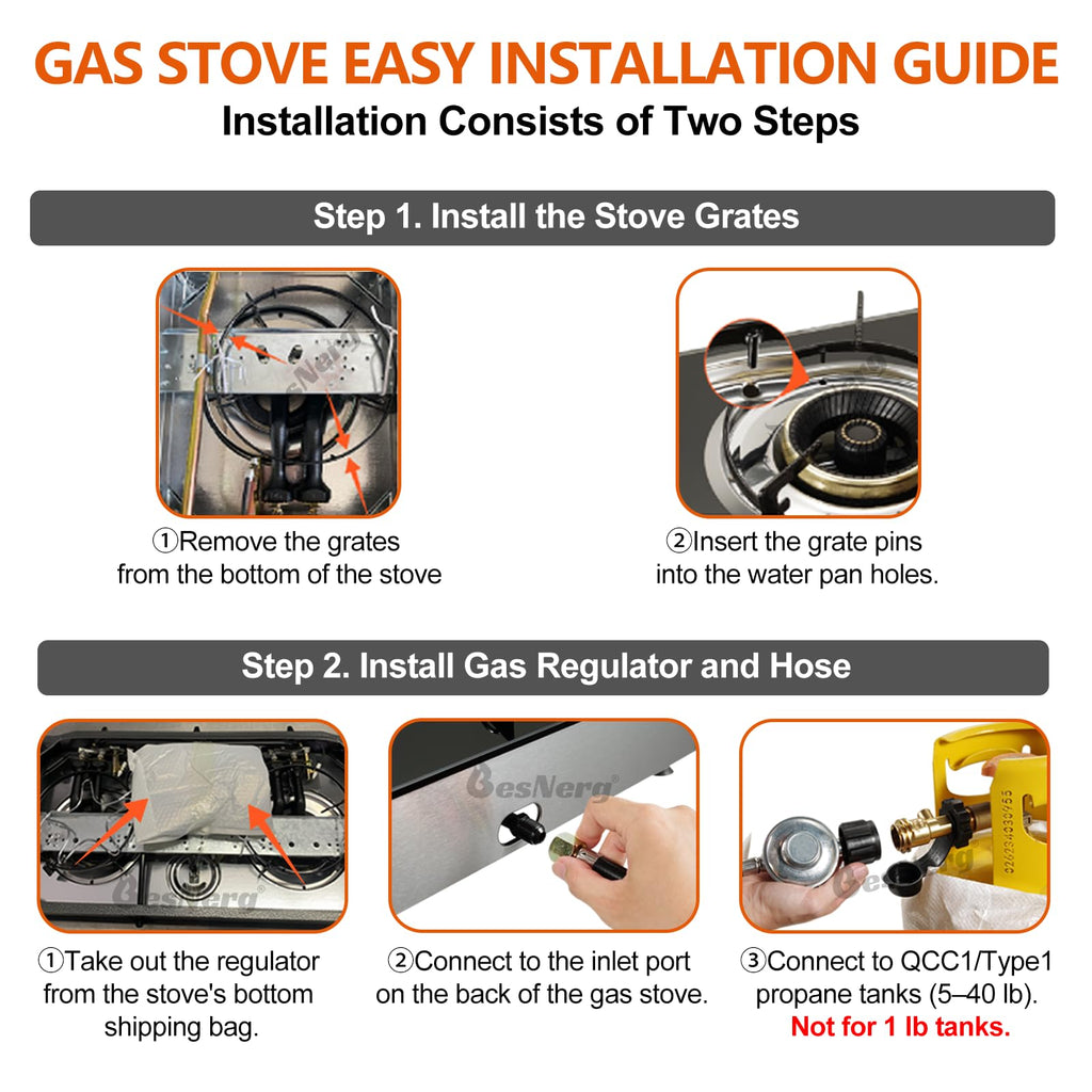 Besnerg Propane Stove 1 Burner Gas Stove, 14500 Btu High-Efficiency Auto Ignition Tempered Glass Lpg Cooktop With Csa Regulator