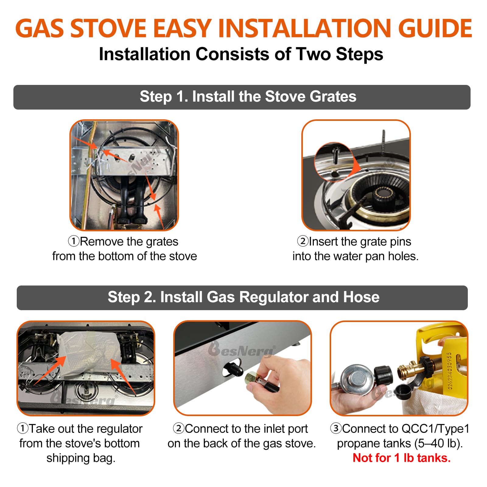 Besnerg Propane Stove 1 Burner Gas Stove, 14500 Btu High-Efficiency Auto Ignition Tempered Glass Lpg Cooktop With Csa Regulator