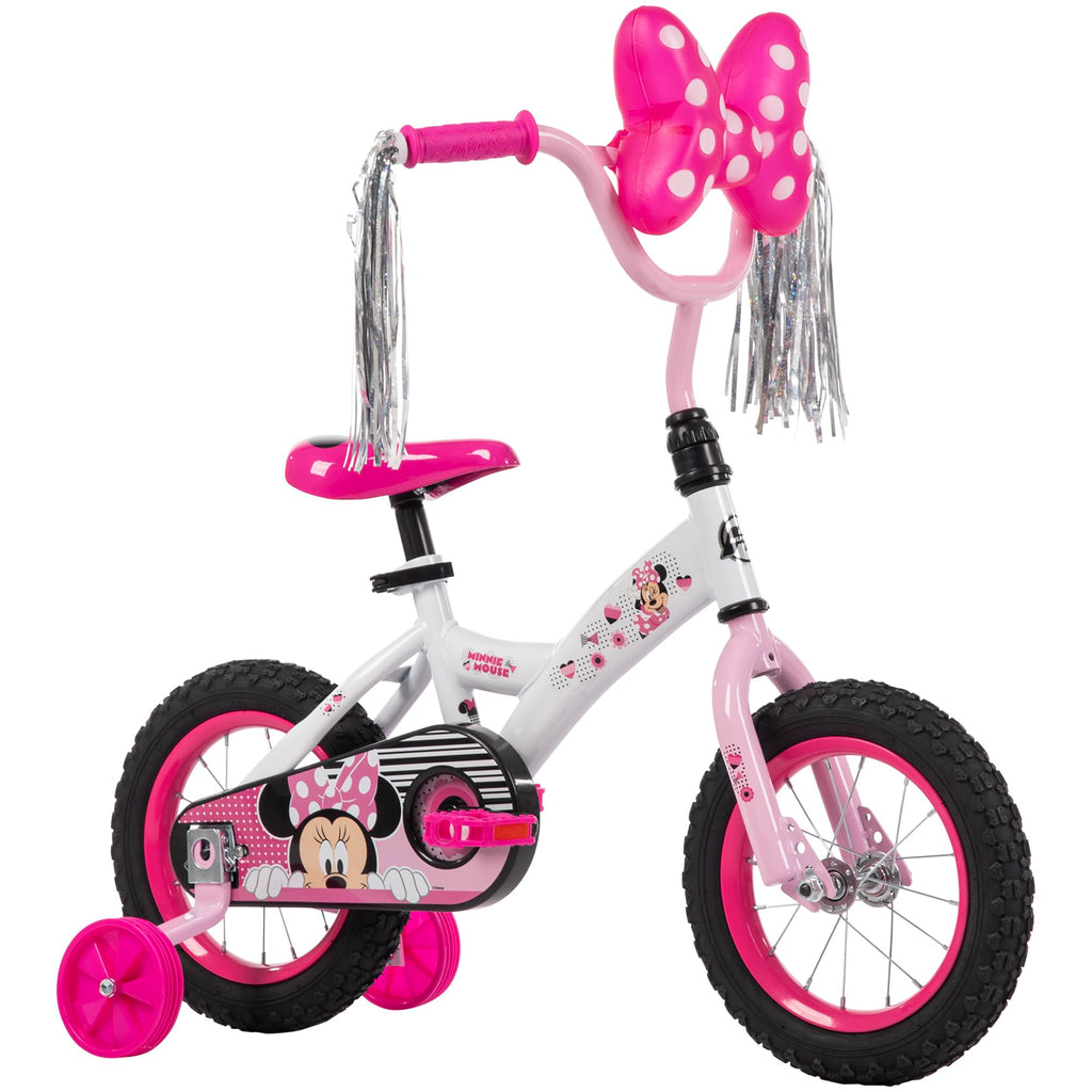 Huffy Disney Minnie 12'' Sparkly Snow Girls' Bike, Ideal For Ages 3-5 Years Old, Removable Training Wheels, Playful Design, Stur