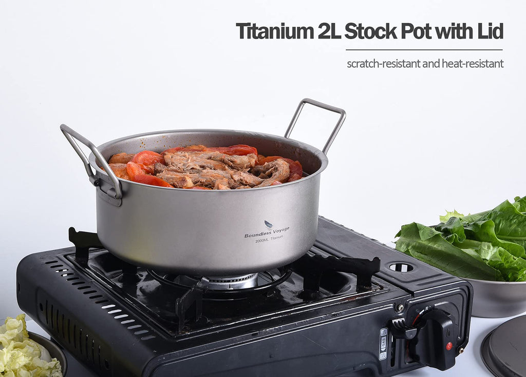 Boundless Voyage Outdoor Camping Titanium Pot 2L Stockpot With Lid Folding Handle Hiking Picnic Portable Big Capacity Soup Pot H
