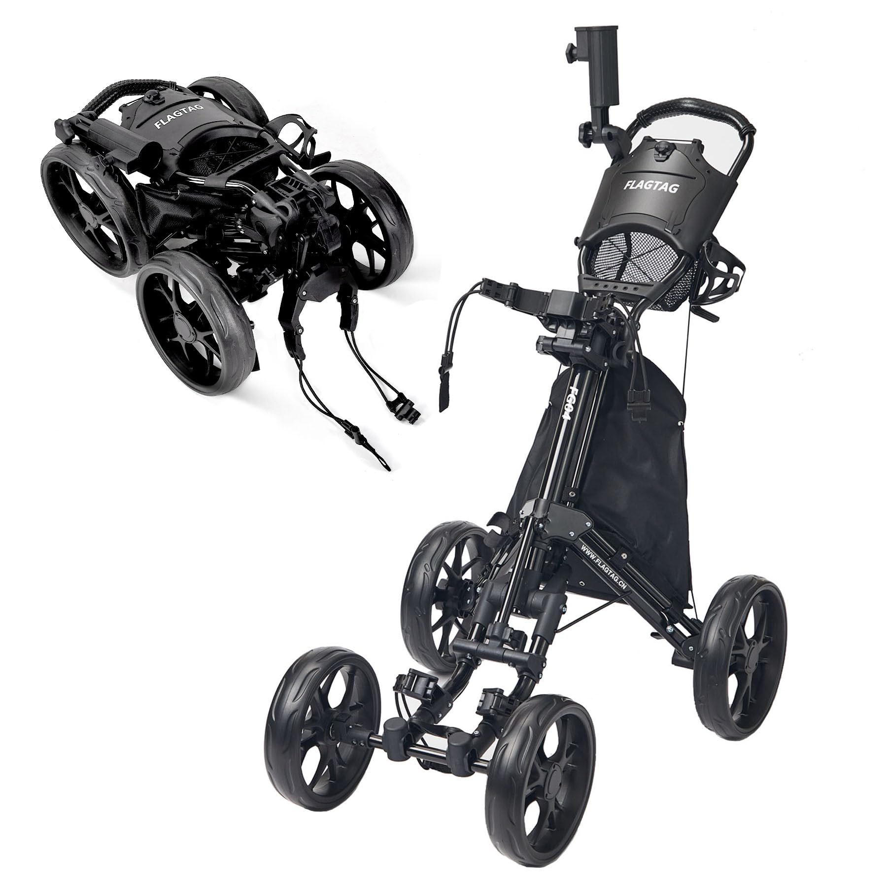 FLAGTAG Golf Push Cart 4 Wheels,Folding Golf Cart, Golf Pull cart with Cup Holder,Umbrella Holder,Cooler Bag, Foldable with one-