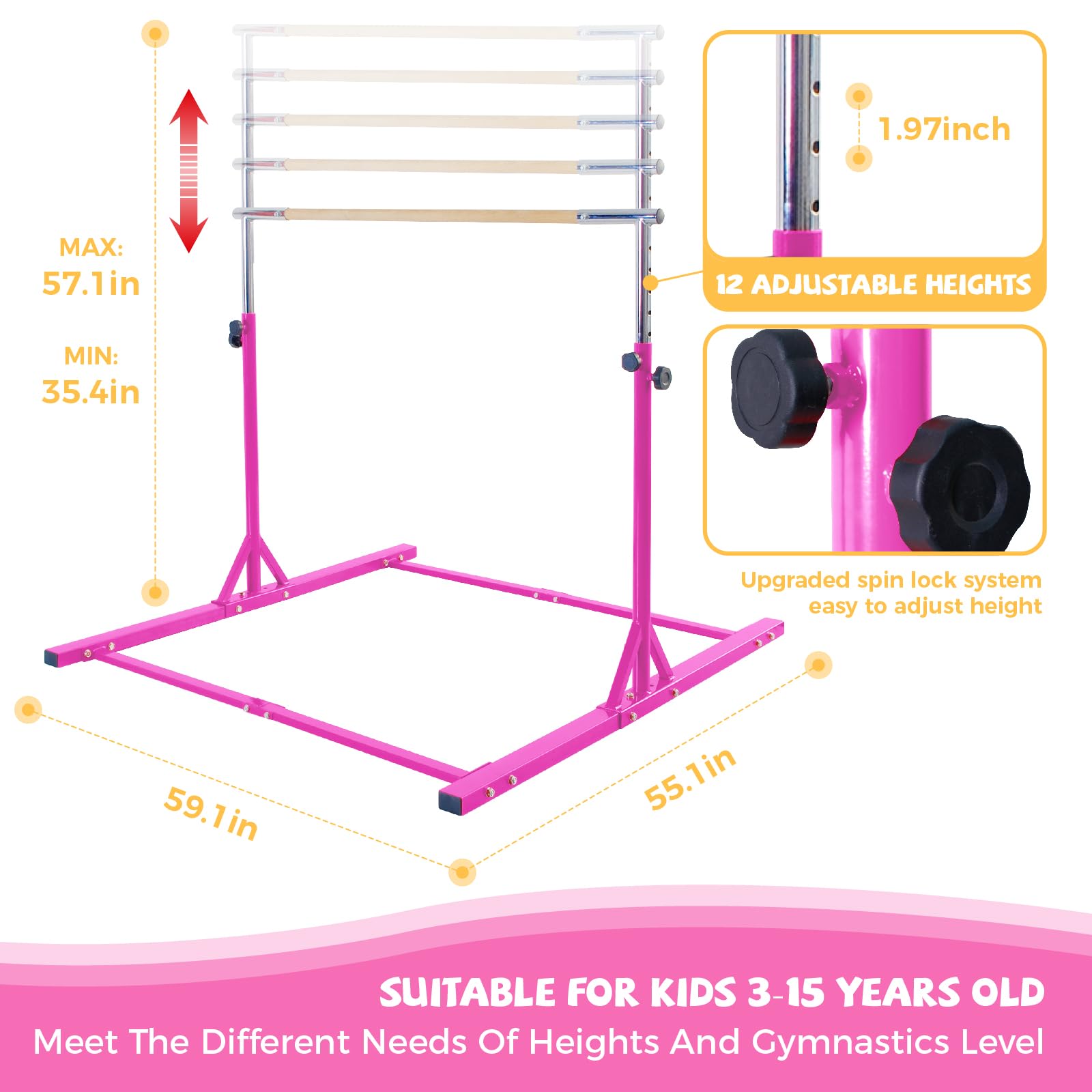 Kangaroo Hoppers Gymnastics Bar With Mat For Kids 3-15, Adjustable 35.4 ''-57.1 '' Gymnastics Horizontal Bars With Steel Frame &
