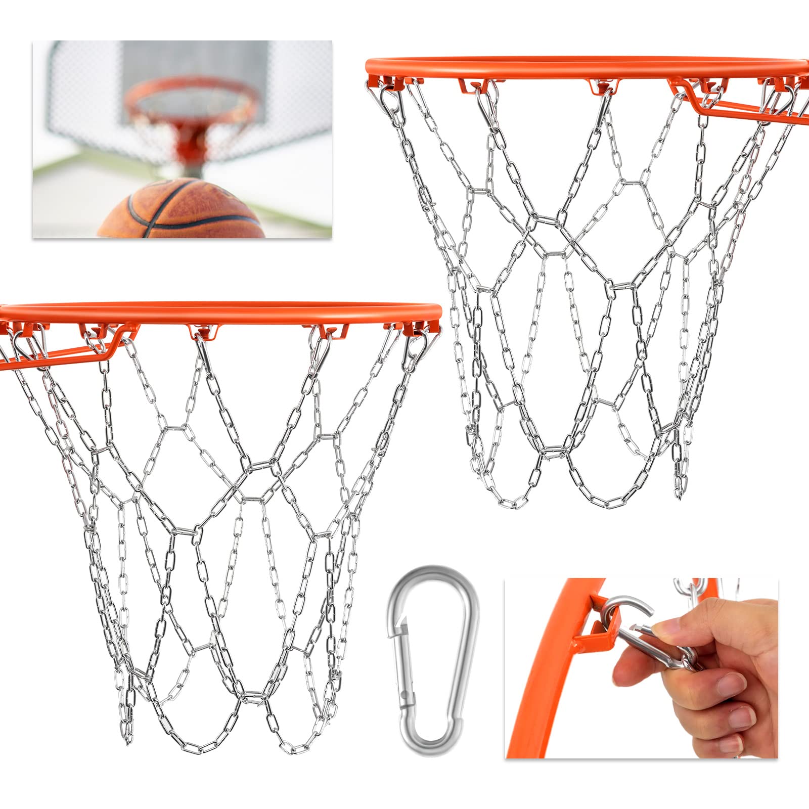 Outus 2 Pcs Basketball Net 12 Links Basketball Hoop Net Heavy Duty Galvanized Steel Braided Chain Net for Basketball Hoop Rust P