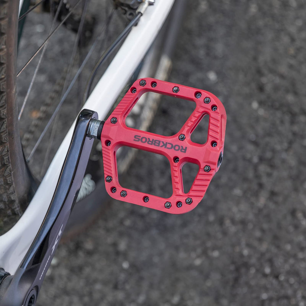 Rock Bros Mountain Bike Pedals Nylon Composite Bearing 9/16'' Mtb Bicycle Pedals With Wide Flat Platform Red