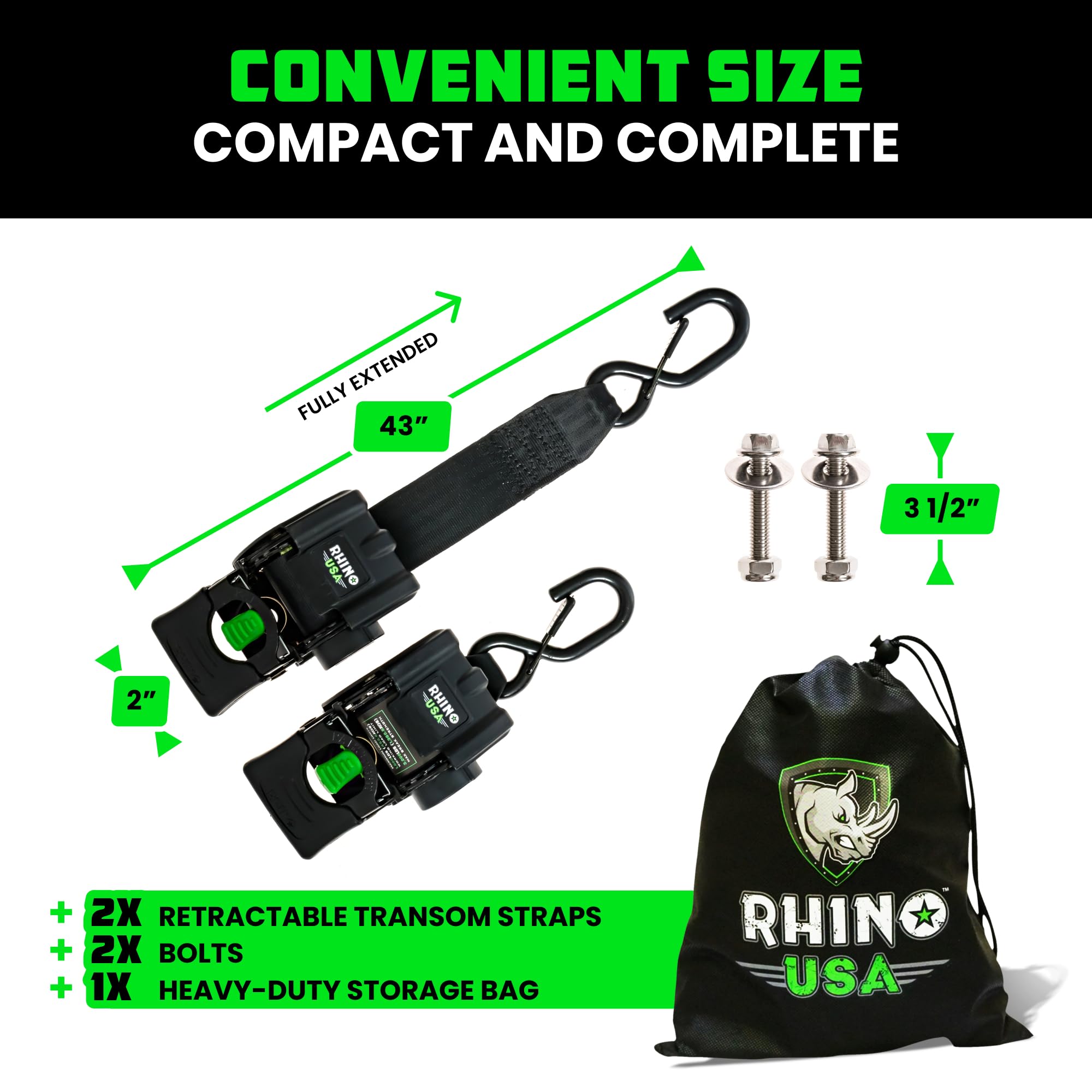 Rhino Usa Retractable Boat Trailer Straps (2-Pack)-Heavy Duty 2 Inch X 43 Inch Boat Tie Down Straps-Ultimate Trailer Mount Trans