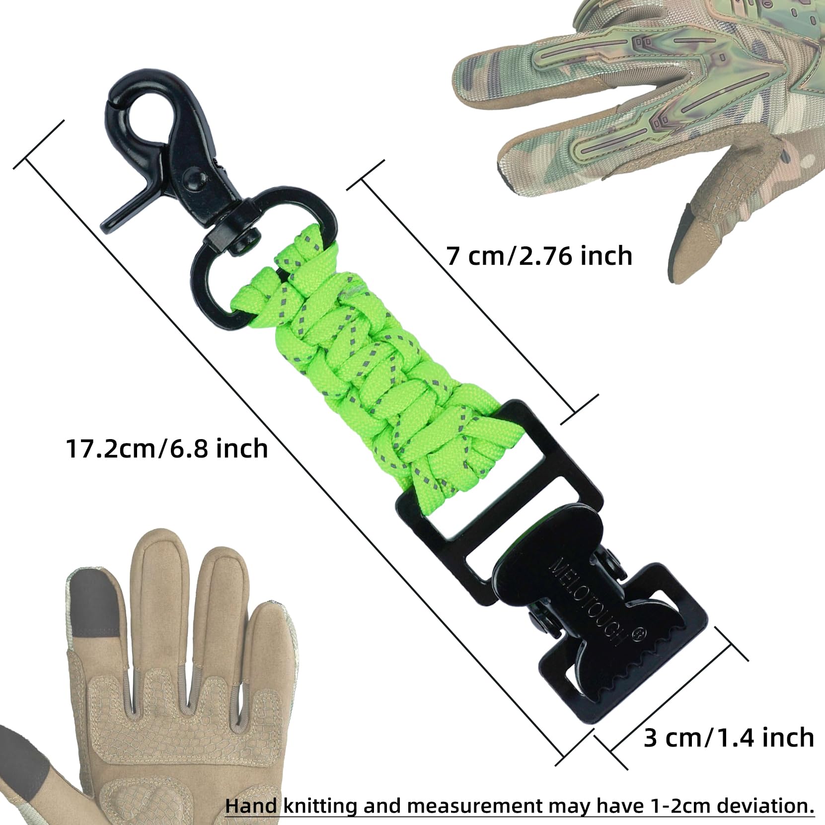 Melotough Tactical Glove Clip Braided Paracord Gloves Clips Holder For Hunting, Hiking, Camping, Outdoor Activities(Lime)