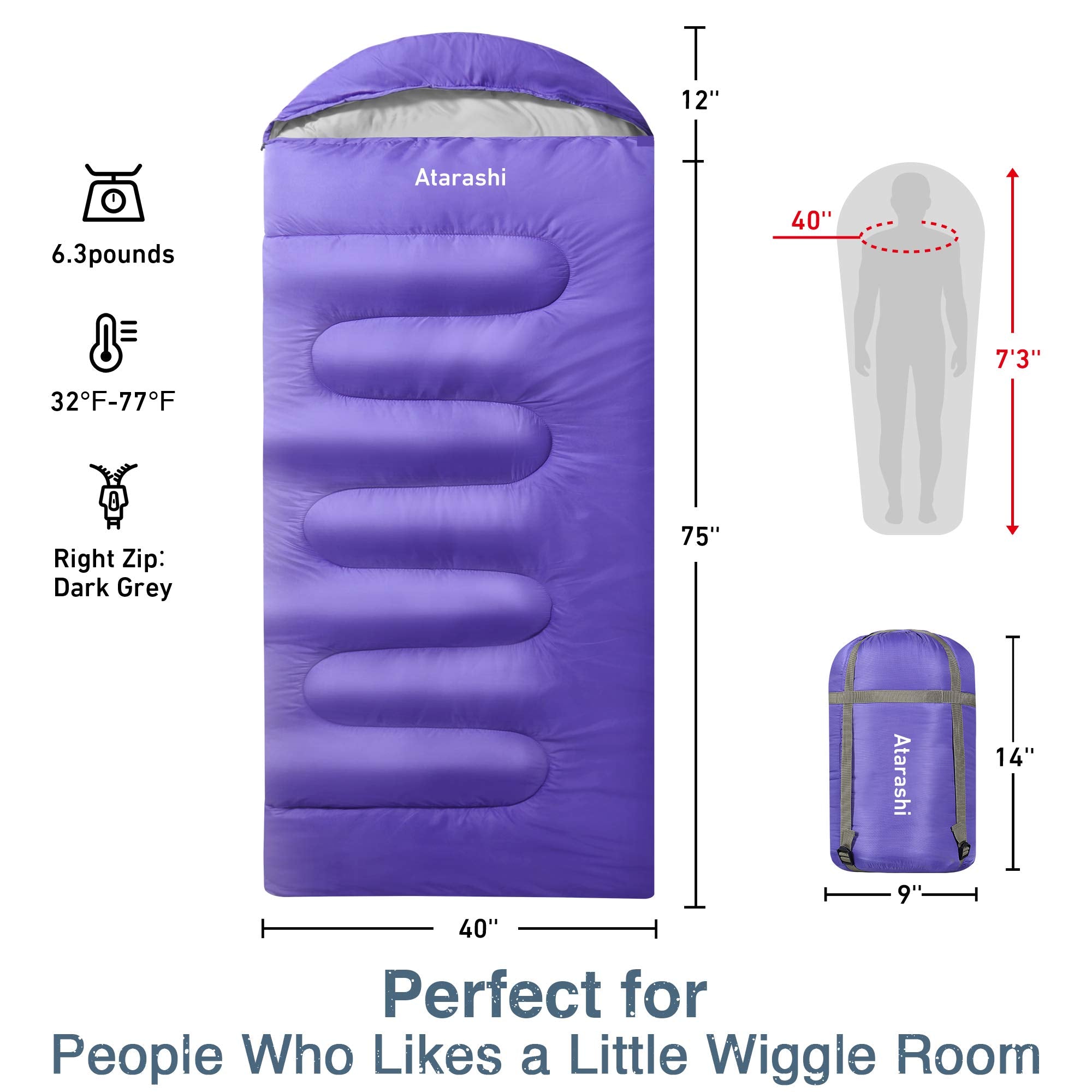 Atarashi Wide Sleeping Bags For Adults, Womens Sleeping Bags For Camping, Hiking And Outdoors, 3-4 Seasons Warm Cold Weather, Li