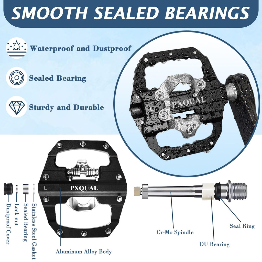 Pxqual SPD Bike Pedals - SPD Clipless & Flat Platform Combo Pedals for MTB & Road Bikes,9/16 Aluminum Alloy Sealed Bearing, Easy