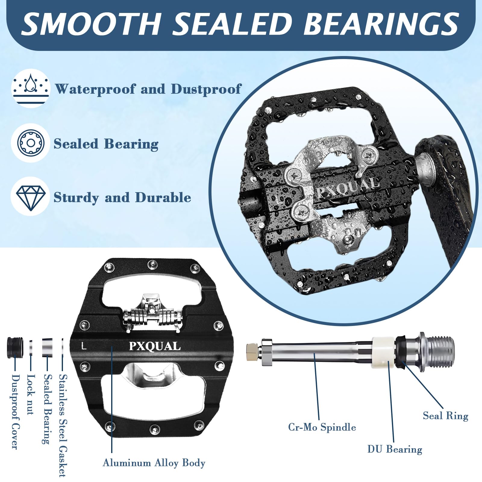 Pxqual SPD Bike Pedals - SPD Clipless & Flat Platform Combo Pedals for MTB & Road Bikes,9/16 Aluminum Alloy Sealed Bearing, Easy