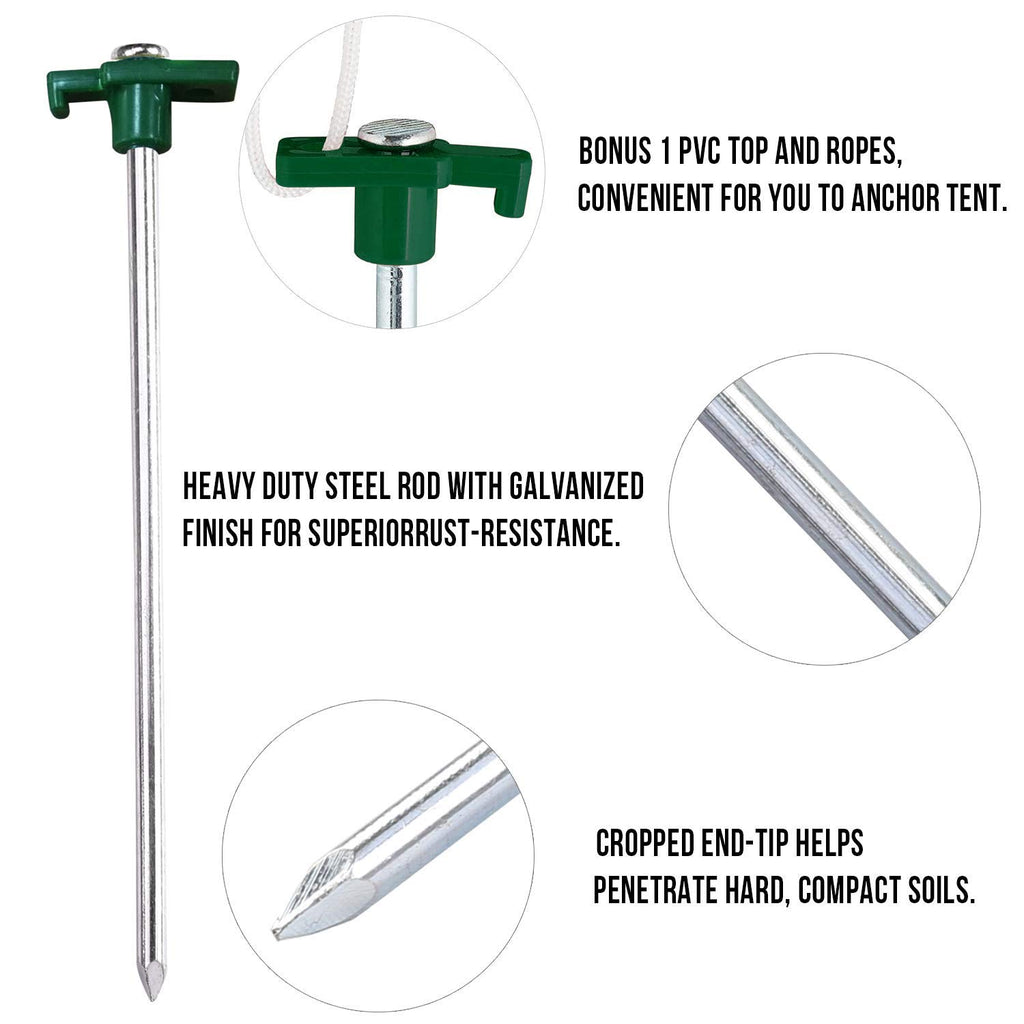 Abccanopy 15 Inch Tent Stakes 10 Pcs Non-Rust Metal Ground Anchors, Heavy Duty Spikes With 4 Ropes For Outdoor Camping, Green