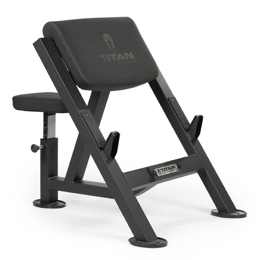 Titan Fitness Seated Preacher Curl Bench, Max Load 250 Lb, Bicep Curl Support Training, Isolated Barbell Dumbell Ez Curl Special