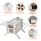 Wood Stove, Camping Wood Stove Include View Glass, Portable Wood Stove With 7 Stainless Steel Insulated Chimneys For Shelter, Hu