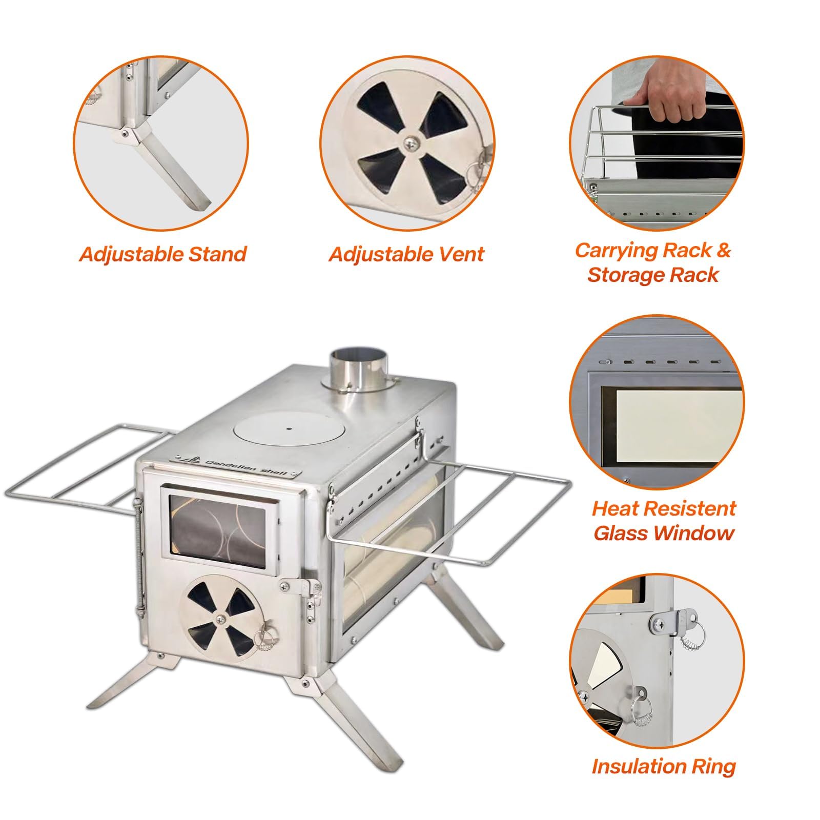 Wood Stove, Camping Wood Stove Include View Glass, Portable Wood Stove With 7 Stainless Steel Insulated Chimneys For Shelter, Hu