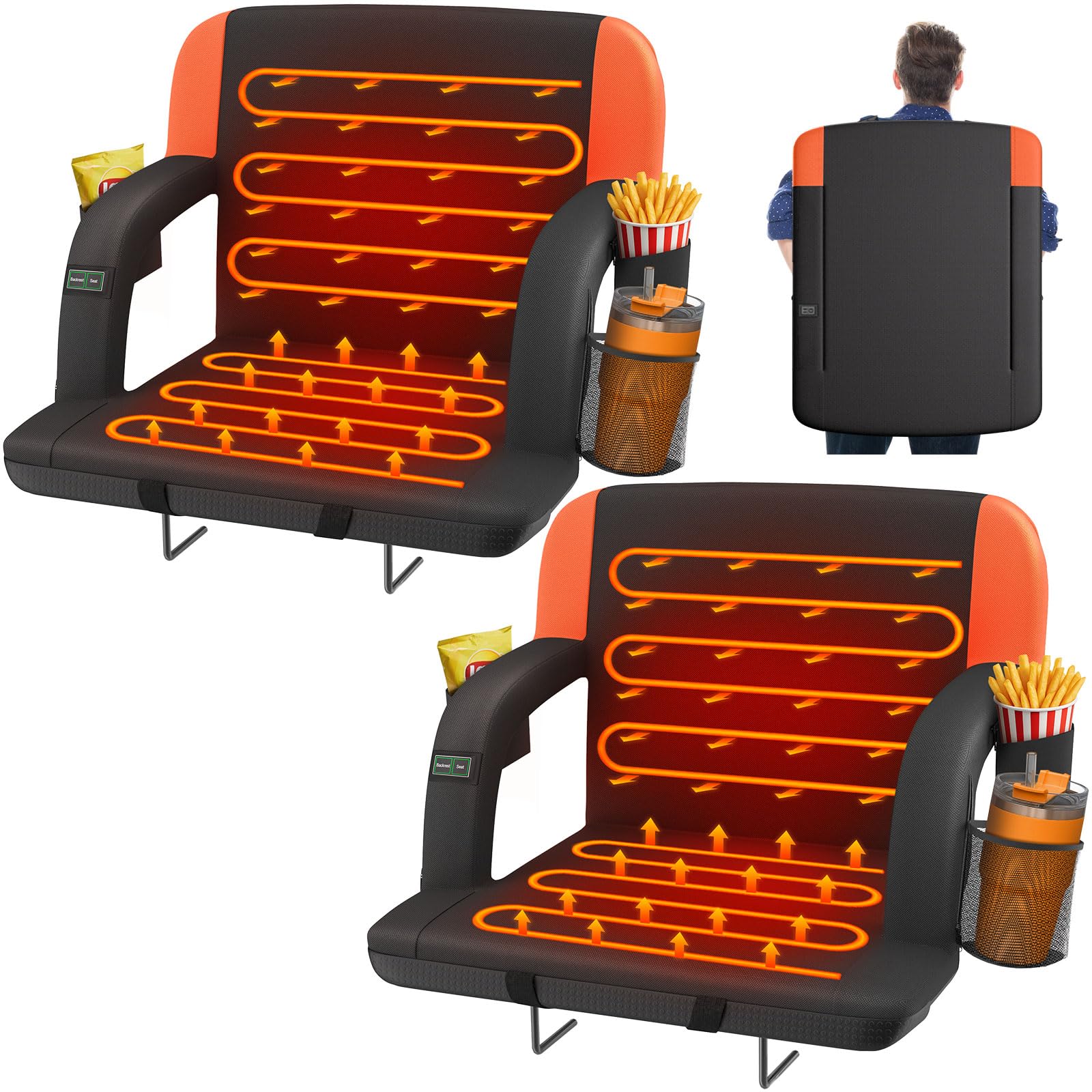 HOPERAN 21 2pcs Dual-Sided Heated Stadium Seats for Bleachers with Back Support, 3 Levels Heating Bleacher Seat with Backs and C