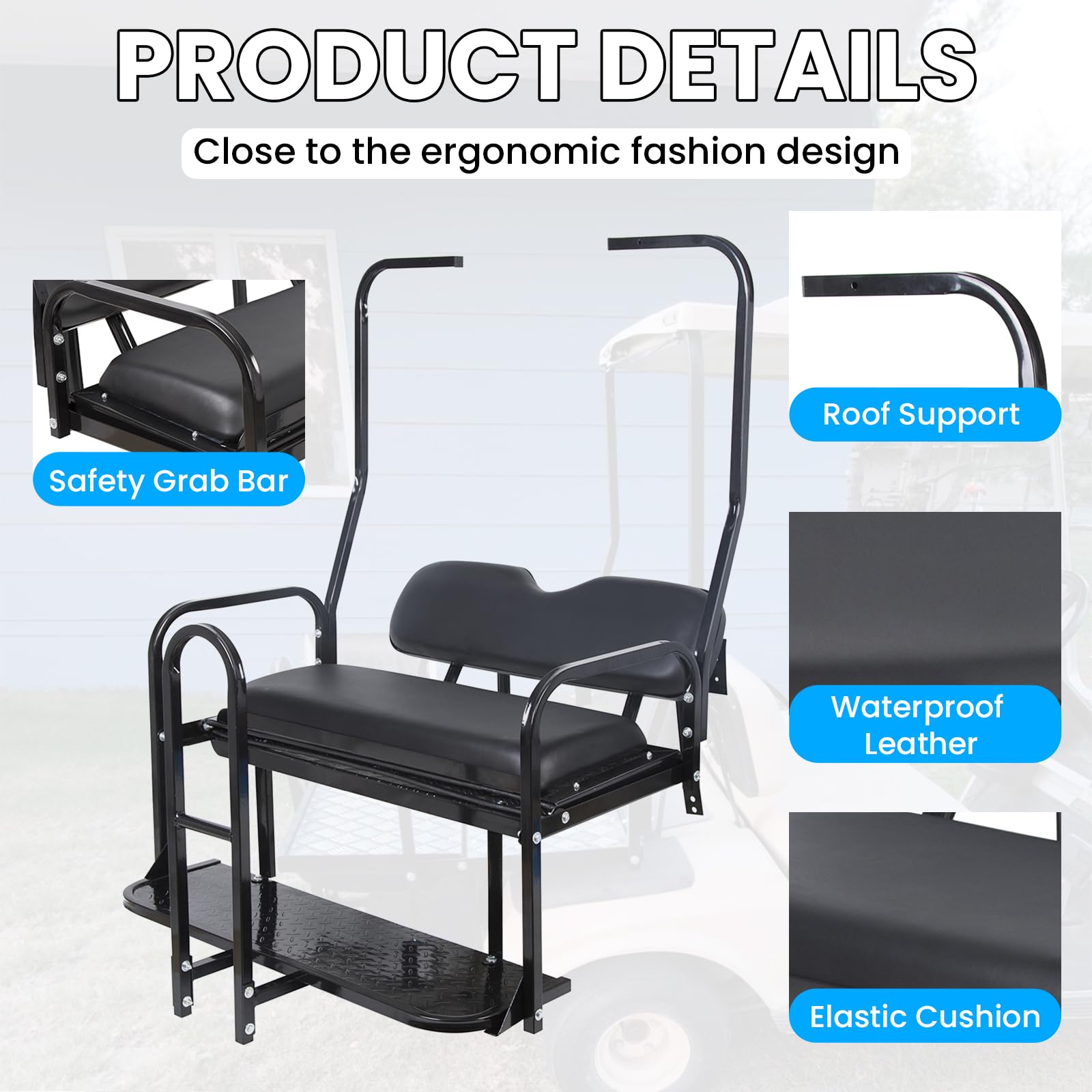 Kuafu Black Rear Flip Back Seat Compatible With 1982-2000.5 Club Car Ds Model Golf Cart 1102 Lbs Weight Capacity Heavy Duty Stee