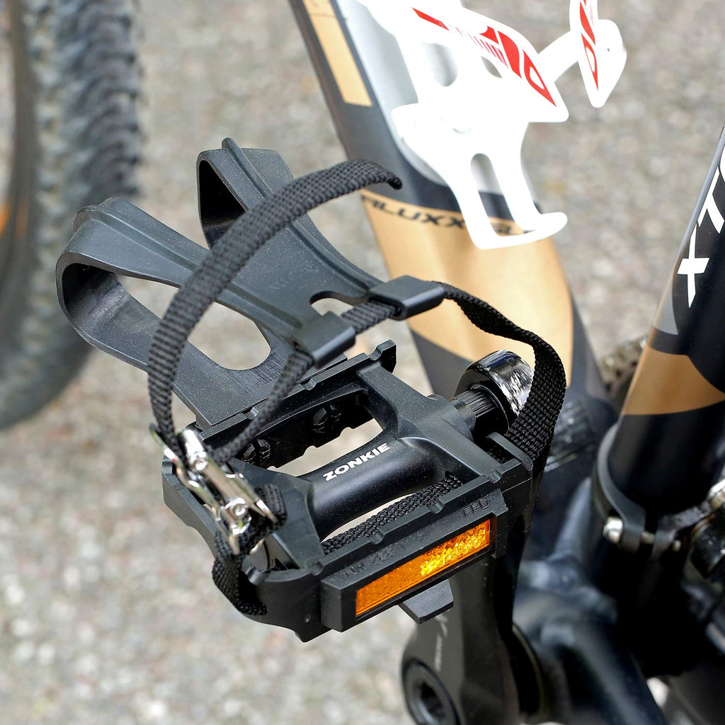 Zonkie Bike Pedals With Toe Clip And Strap, Plastic Bike Pedals For Mtb And Road Bike, 9/16 Inch