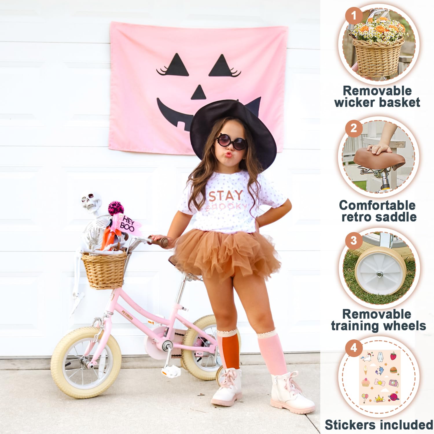 Petimini 14 Inch Little Kids Bike For Age 3 4 5 Years Old Girls Retro Vintage Style Bicycles With Basket Training Wheels And Bel