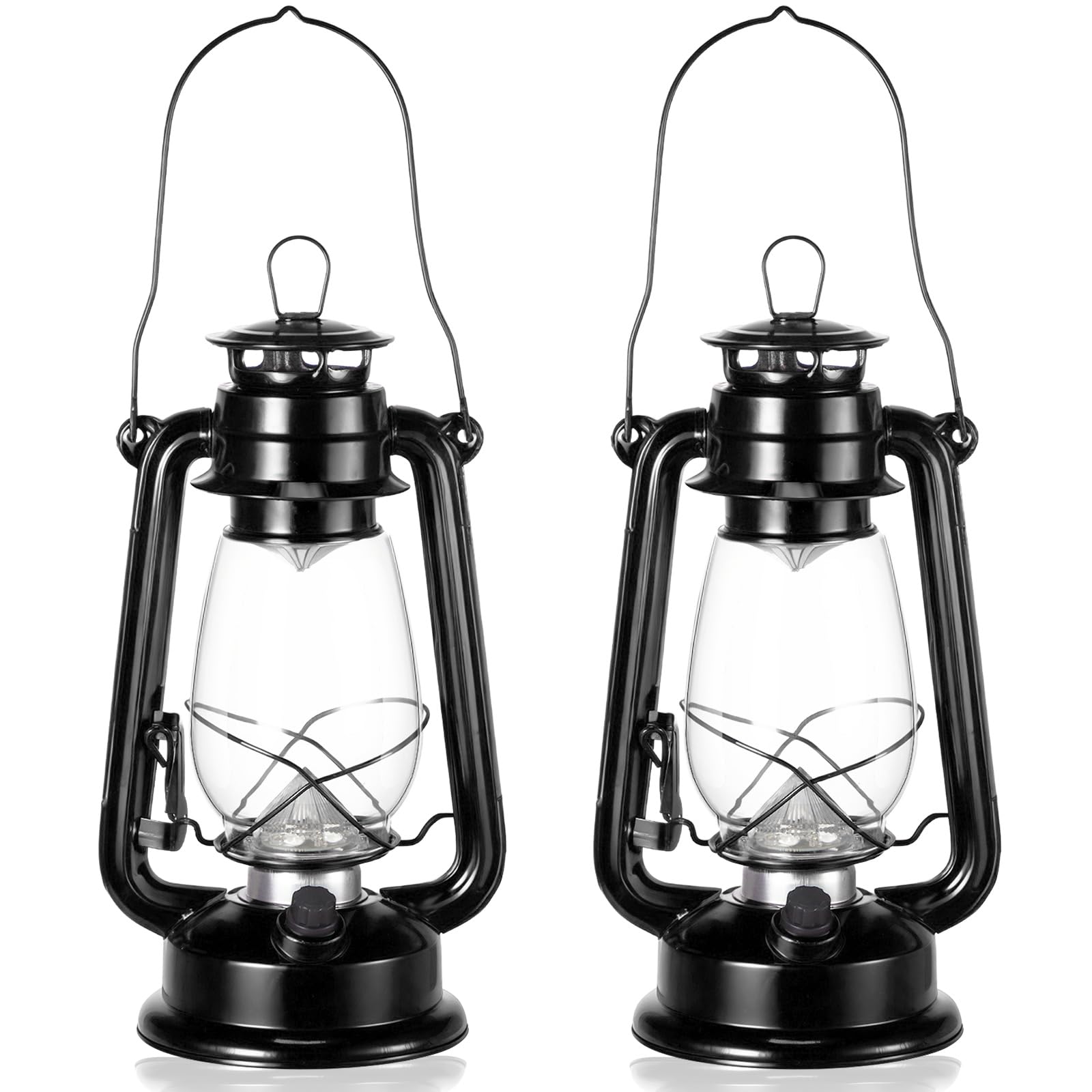 Hortsun 2 Pcs 12 Inch Vintage LED Hurricane Lantern Metal Black Outdoor Battery Operated Hanging Lantern with Warm LEDs and Dimm