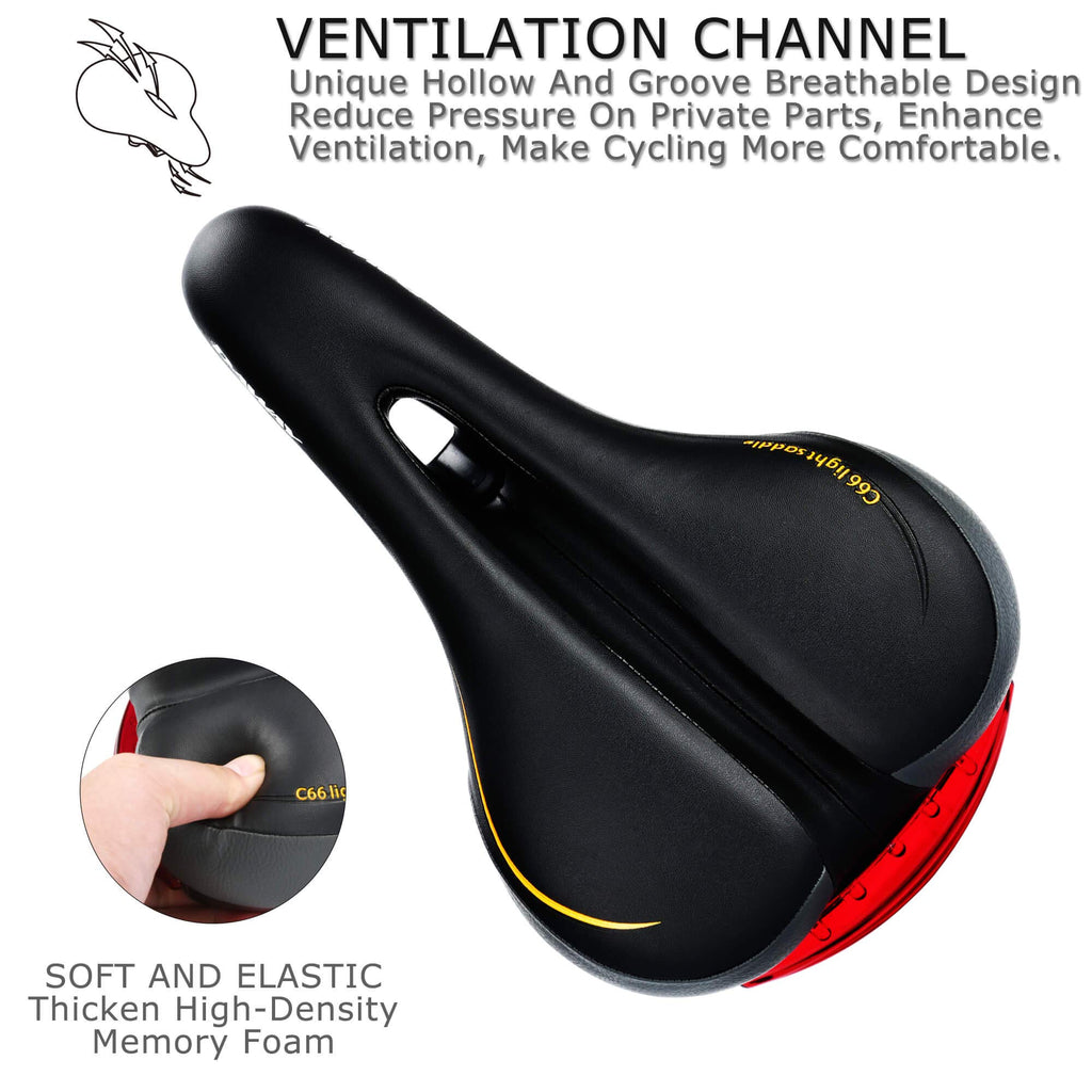 Comfortable Men Women Bike Seat - Daway C66 Foam Padded Leather Road Mountain Bicycle Saddle Cushion With Taillight, Waterproof,