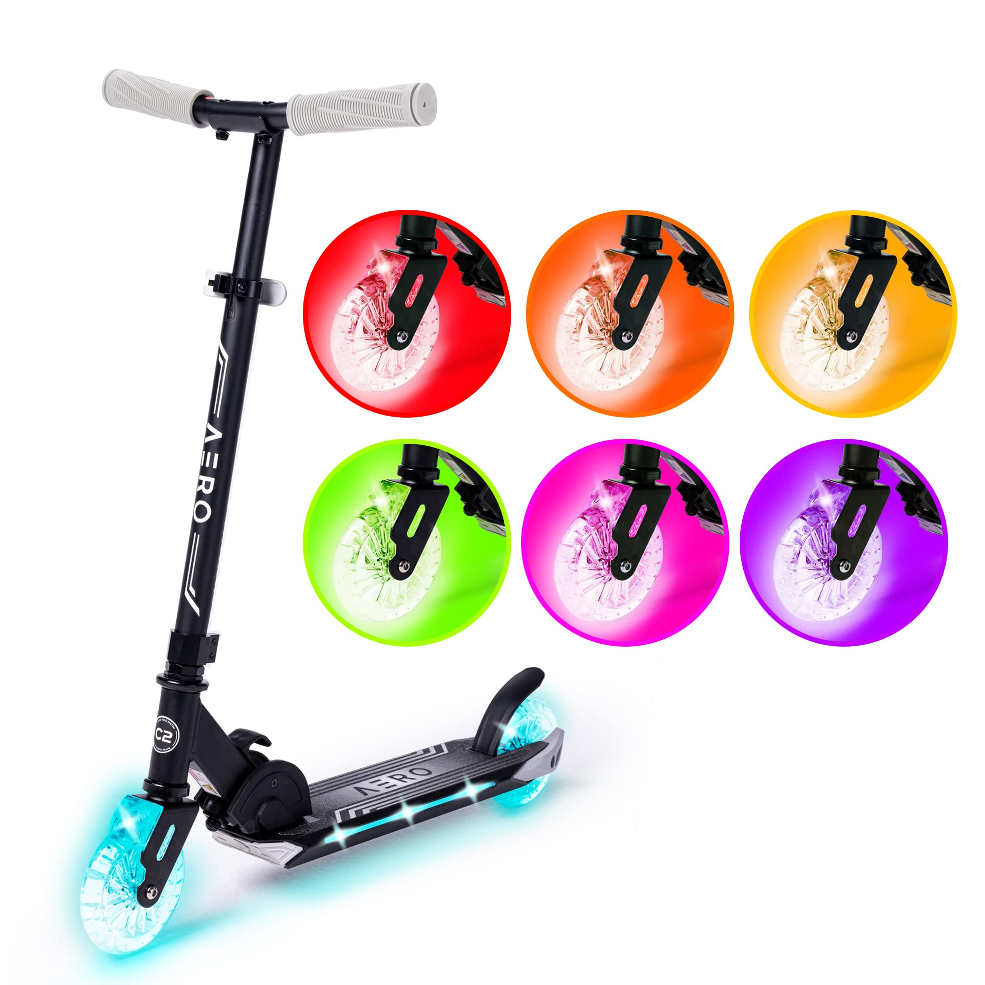 Aero C2 Wheel Kick Scooter for Kids Ages 5-7 or 5-8 or 6-10 or 6-12 with Dynamic Lights, Scooters for Boys and Girls 6 Years and