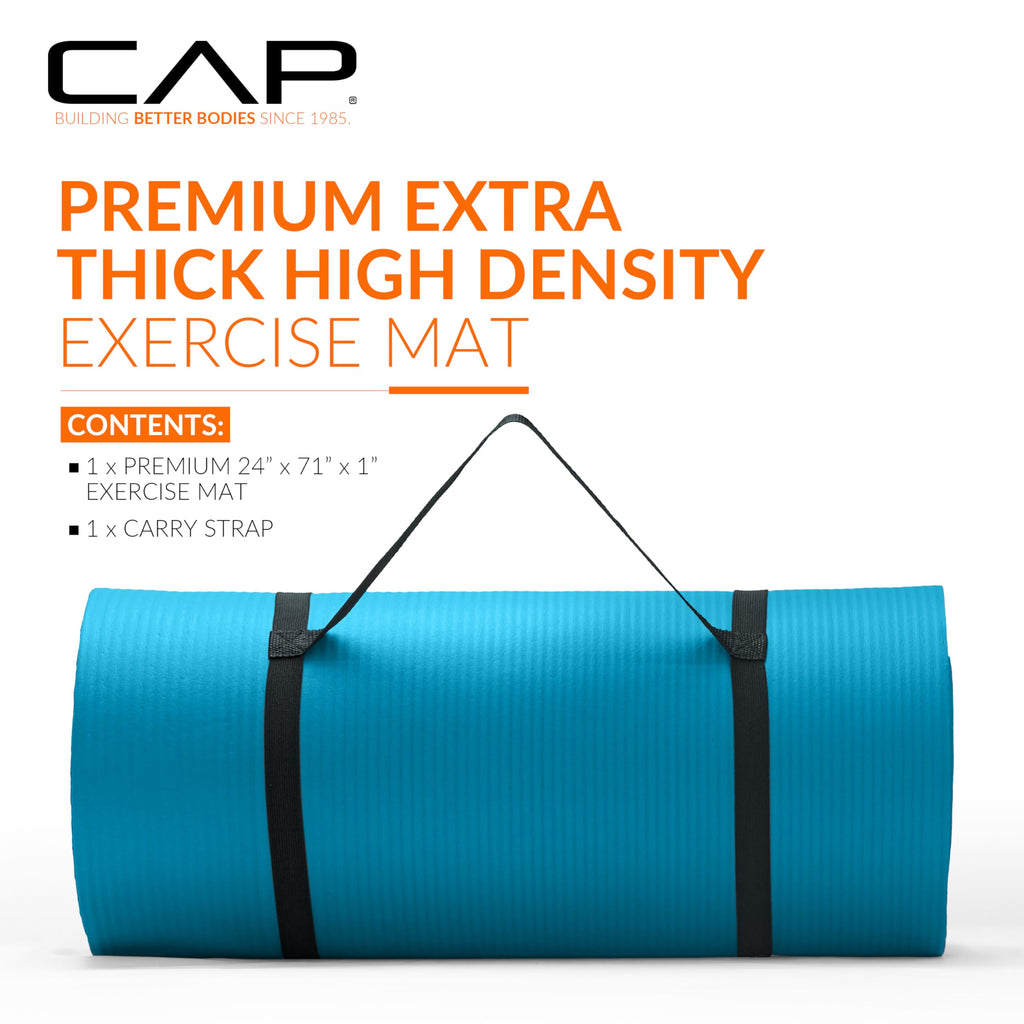Cap High Density Exercise Mat With Strap, 74''X24''X1'' - Teal