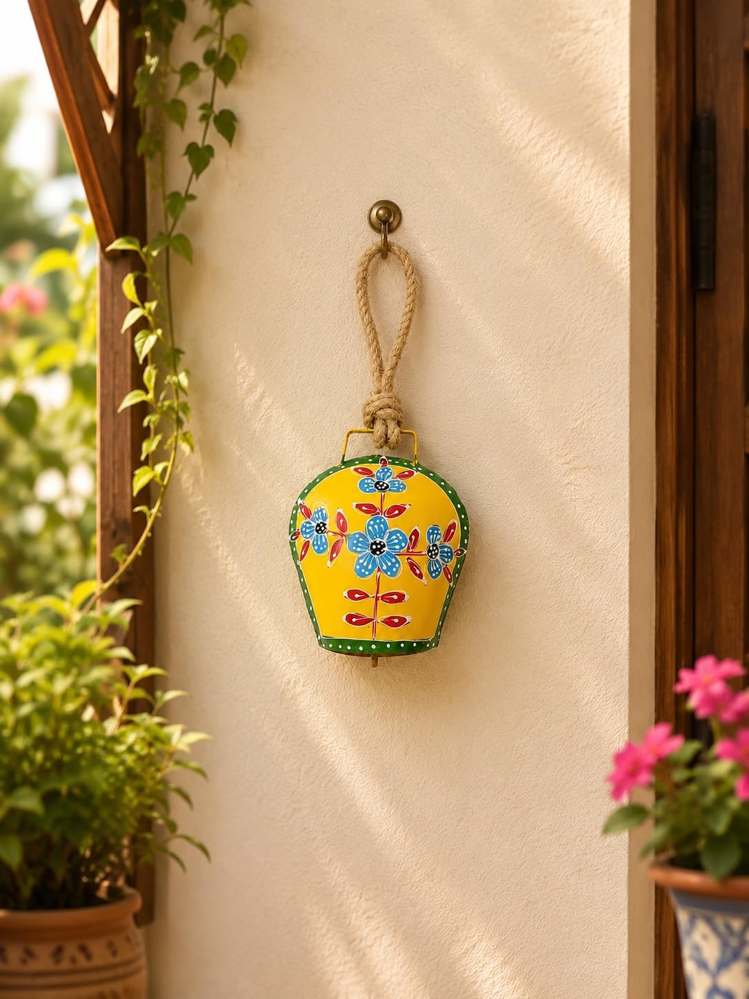 DULI SwissStyle Metal Hanging Bell for Main Door & Wall Dcor | Vastu Feng Shui Decorative Bell with YellowBlue Floral Design |