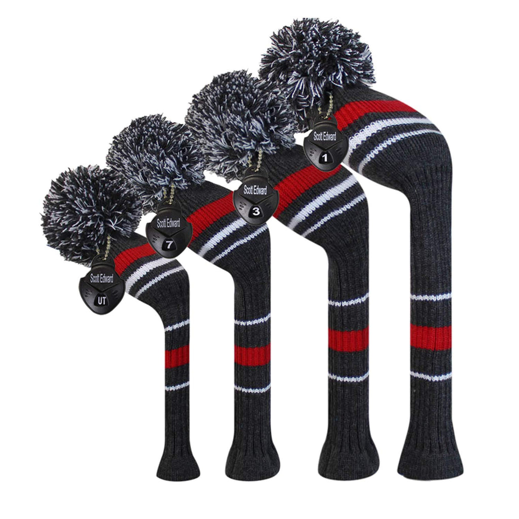 Scott Edward Grey Warning Stripes Golf Club Head Covers,Rotatable Number Tags, Acrylic Yarn Double-Layers Knitted, Set Of 4