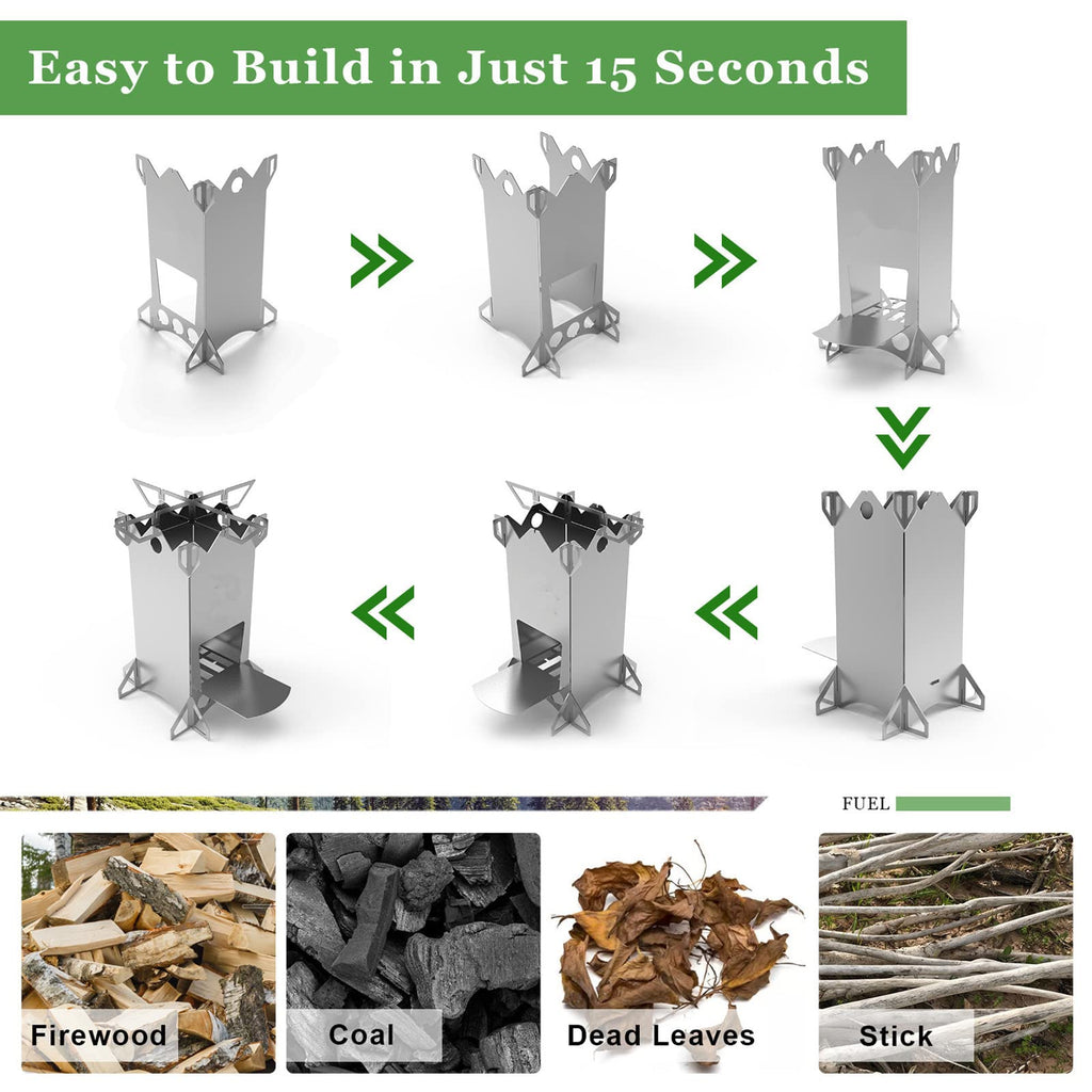 Fithike Backpacking Camping Rocket Stove,Portable Stainless Steel Wood Burning Camping Stoves For Outdoor Cooking Hiking Surviva