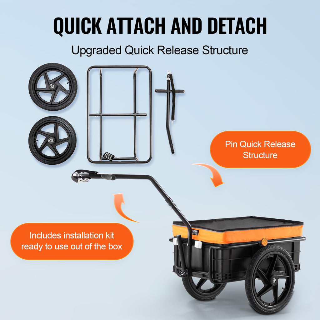 Vevor Bike Cargo Trailer, 88 Lbs Load Capacity, Heavy-Duty Bicycle Wagon Cart, Foldable Compact Storage With Universal Hitch, Wa