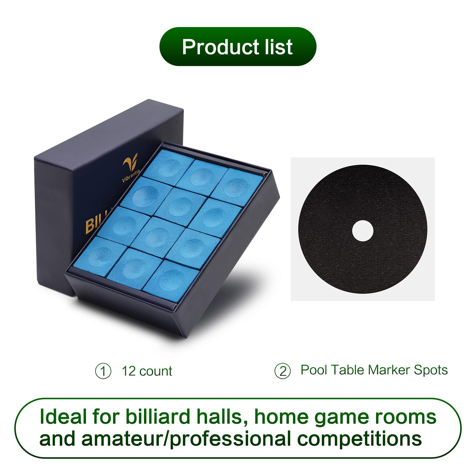 VIBRANTIA Pro Pool Cue Chalk, Tournament Standard Billiard Chalk, 12 Cubes/Box with Travel Storage Box,Low Dust, Super Dense, Su