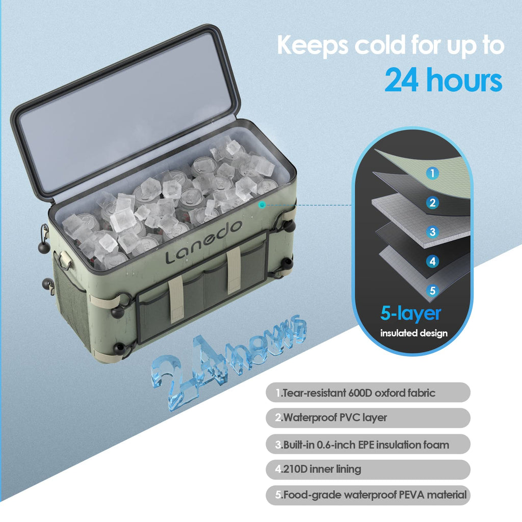 Lanedo 34-Can Multi-Functional Collapsible Soft-Sided Cooler - Leak-Proof Beach Cooler, Portable Ice Chest, And Travel, Food Sho