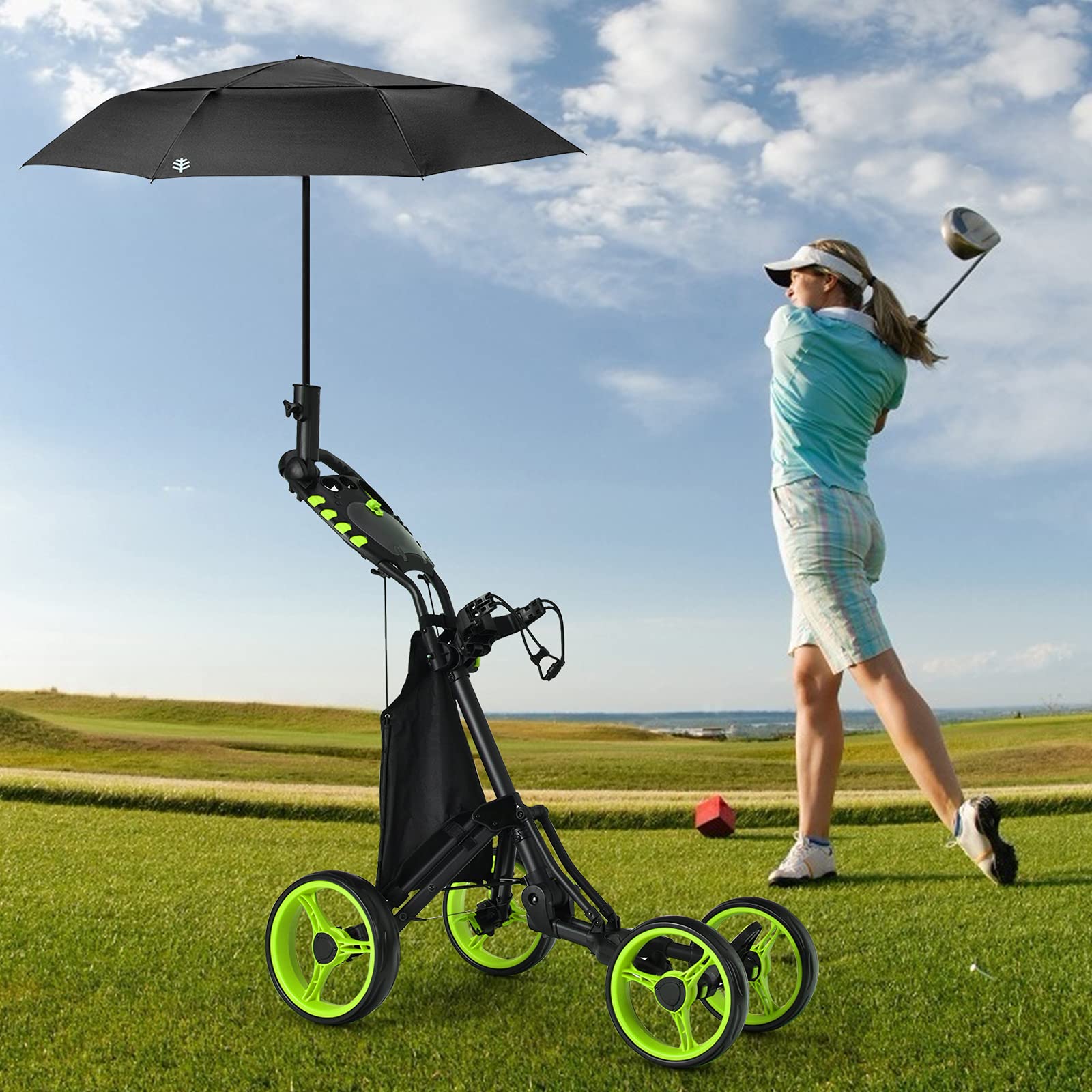 Gymax Folding Golf Push Cart, Height Adjustable Portable Caddy Cart With Umbrella Holder, Waterproof Bag, Built-In Cooler & Foot