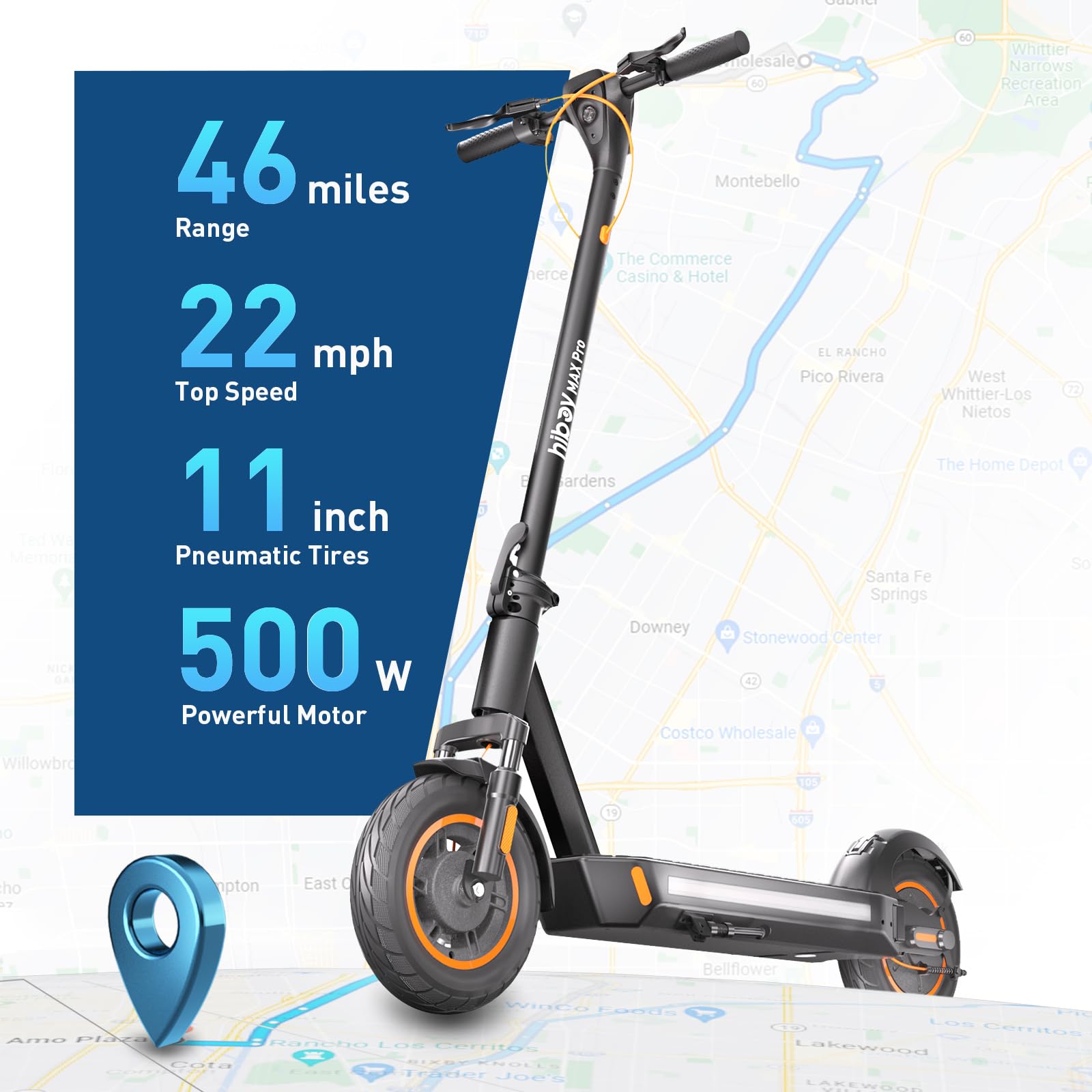 Hiboy MAX Pro Electric Scooter, 46.6 Mi Long Range, 22 MPH Power by 650W MAX Motor, 11 Pneumatic Tires, Split Hub Design, Dual
